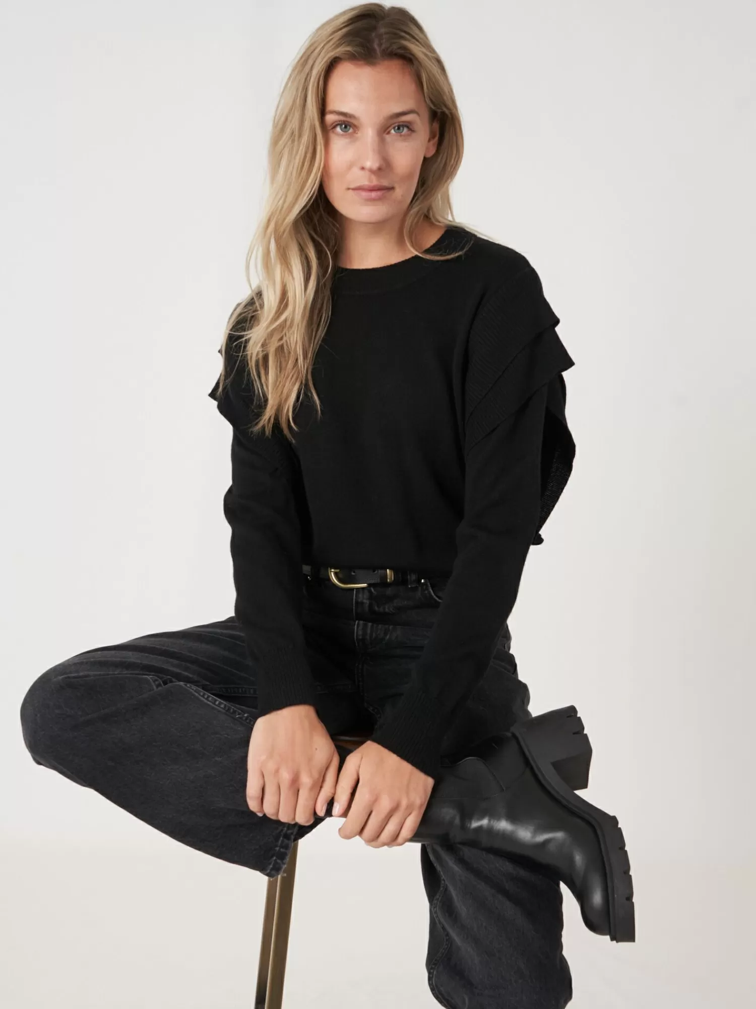 REPEAT cashmere Pullover>Kurzer Pullover Aus Merinowolle Mit Schulterdetails Black