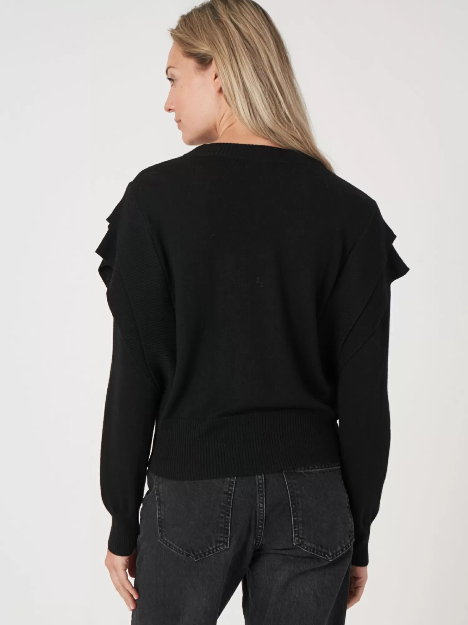 REPEAT cashmere Pullover>Kurzer Pullover Aus Merinowolle Mit Schulterdetails Black