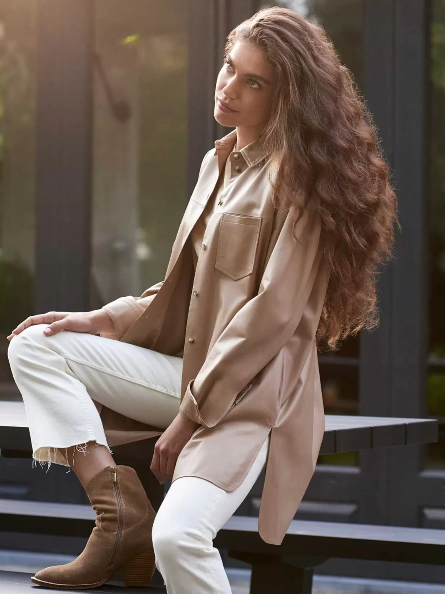 REPEAT cashmere Leder>Lange Lederbluse Nougat