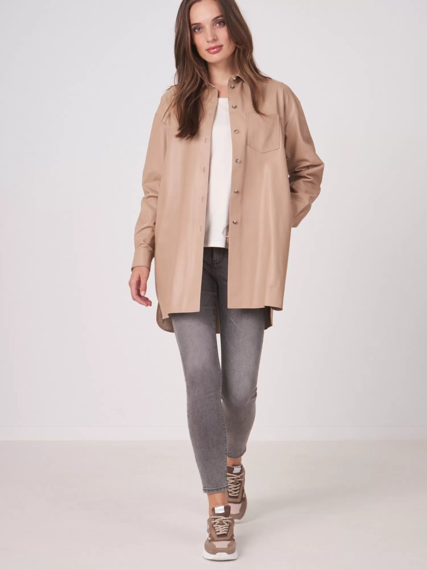 REPEAT cashmere Leder>Lange Lederbluse Nougat