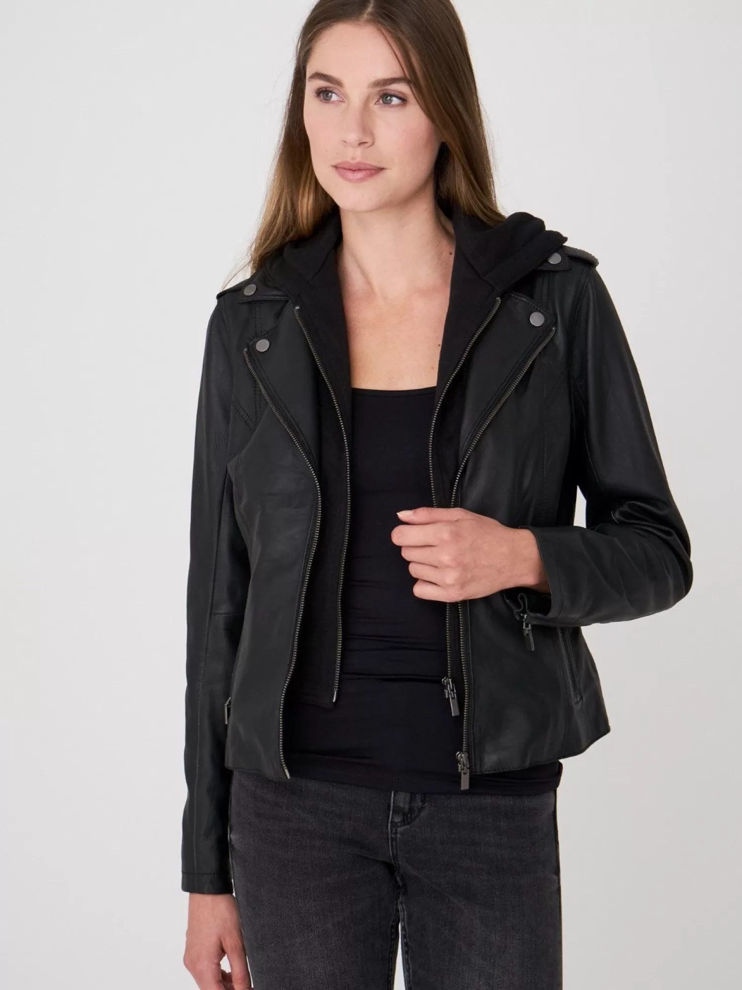 REPEAT cashmere Leder>Leder-Bikerjacke Mit Kapuze Black