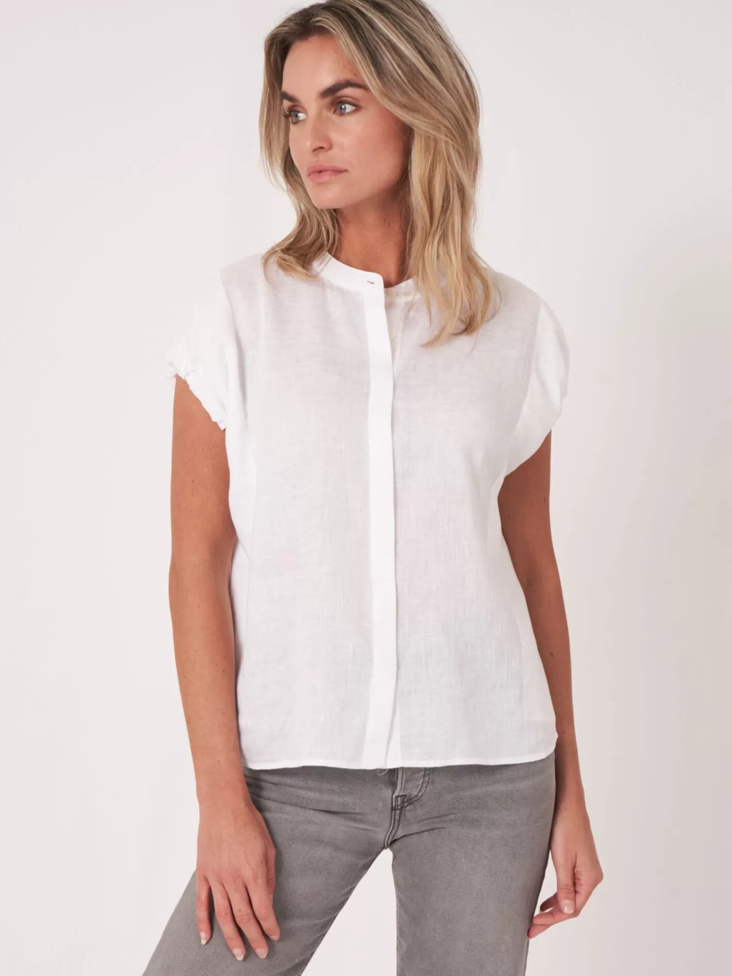 REPEAT cashmere Blusen>Leinenbluse Mit Kordelzug Am Armlocher White