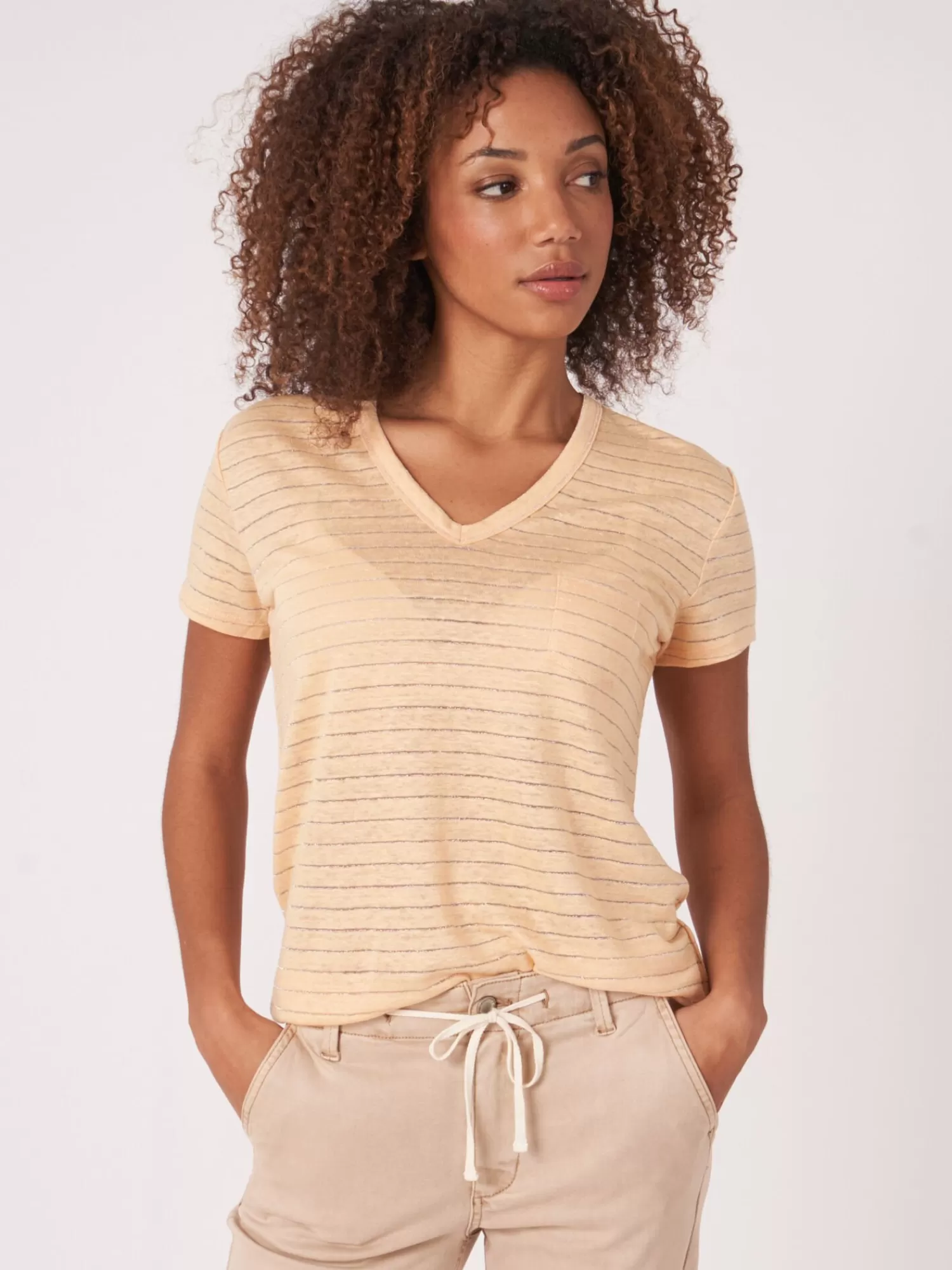 REPEAT cashmere Tops>Leinen-T-Shirt Mit Lurex-Streifen Glow