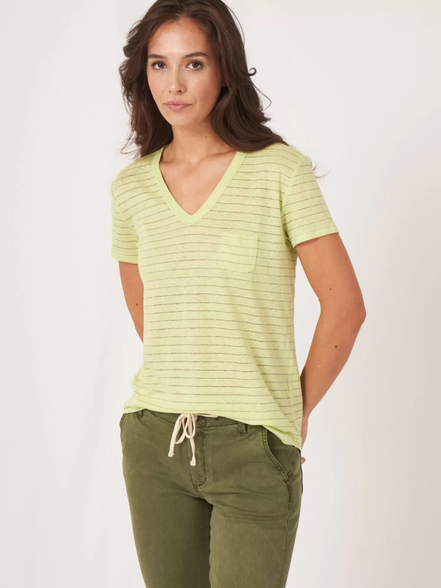 REPEAT cashmere Tops>Leinen-T-Shirt Mit Lurex-Streifen Soda