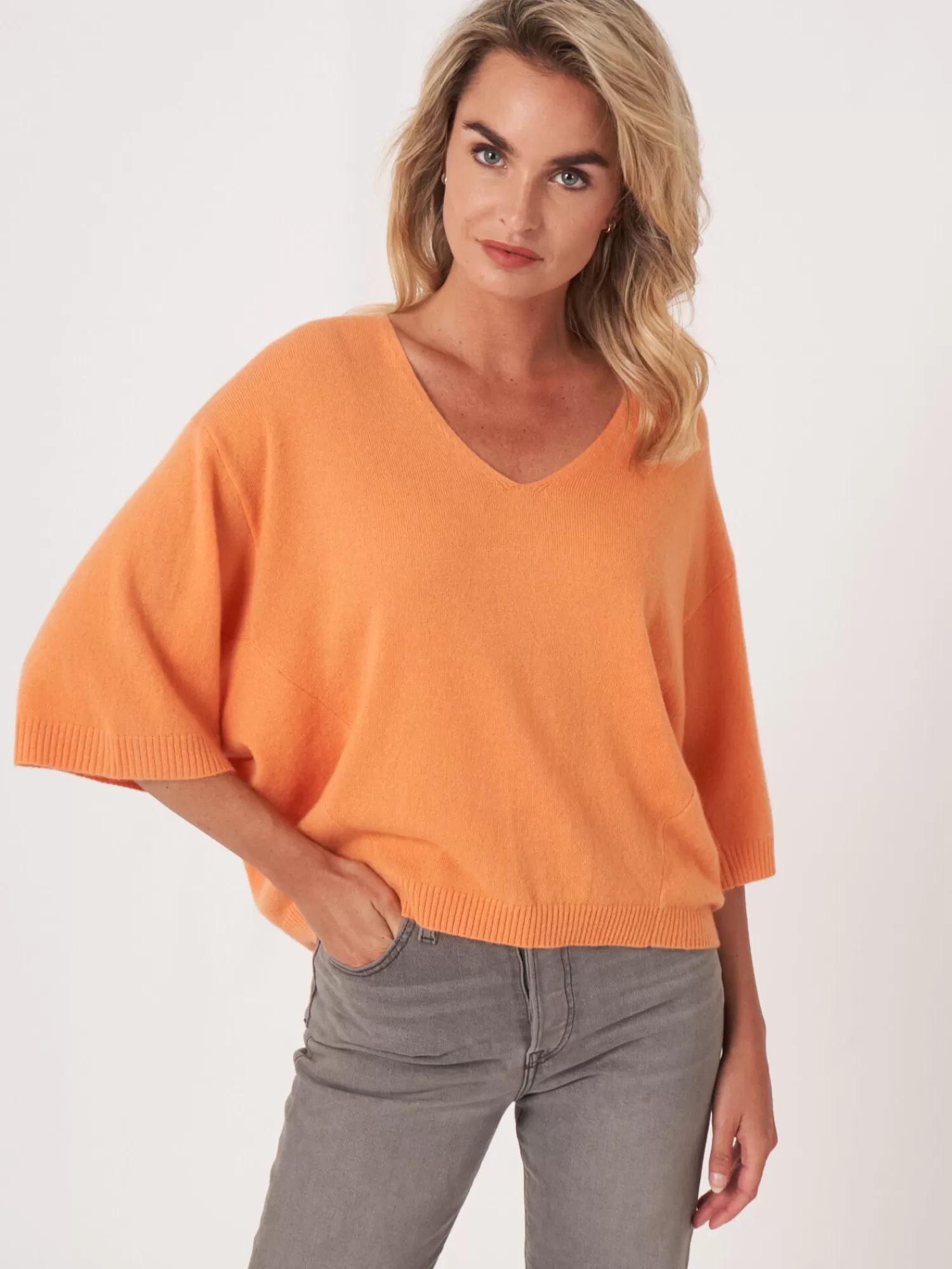 REPEAT cashmere Organisches Kaschmir>Locker Geschnittener Kaschmirpullover Mit Kurzen Fledermausarmeln Papaya