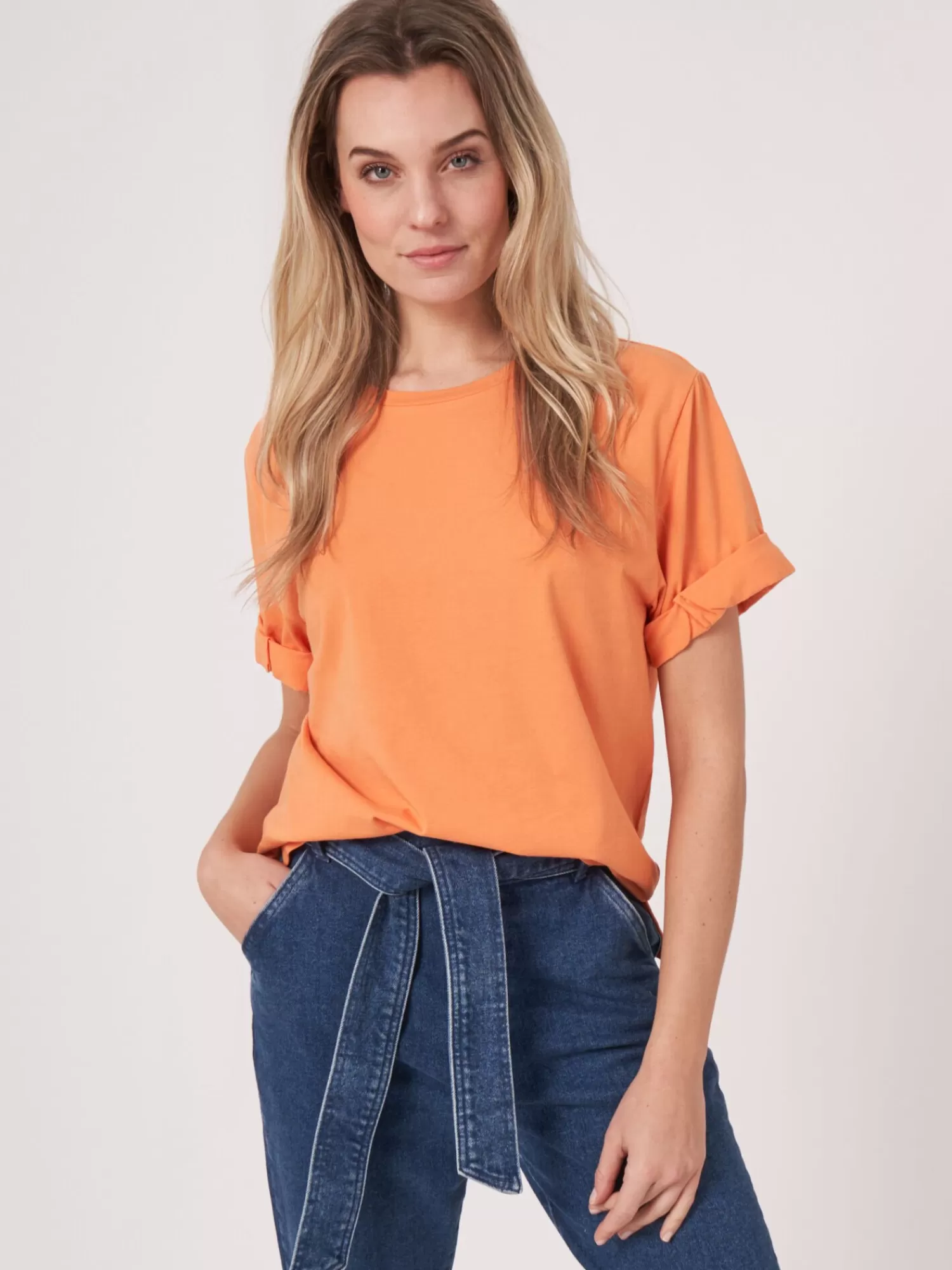 REPEAT cashmere Tops>Locker Geschnittenes T-Shirt Mit Aufgeschlagenen Armeln Papaya