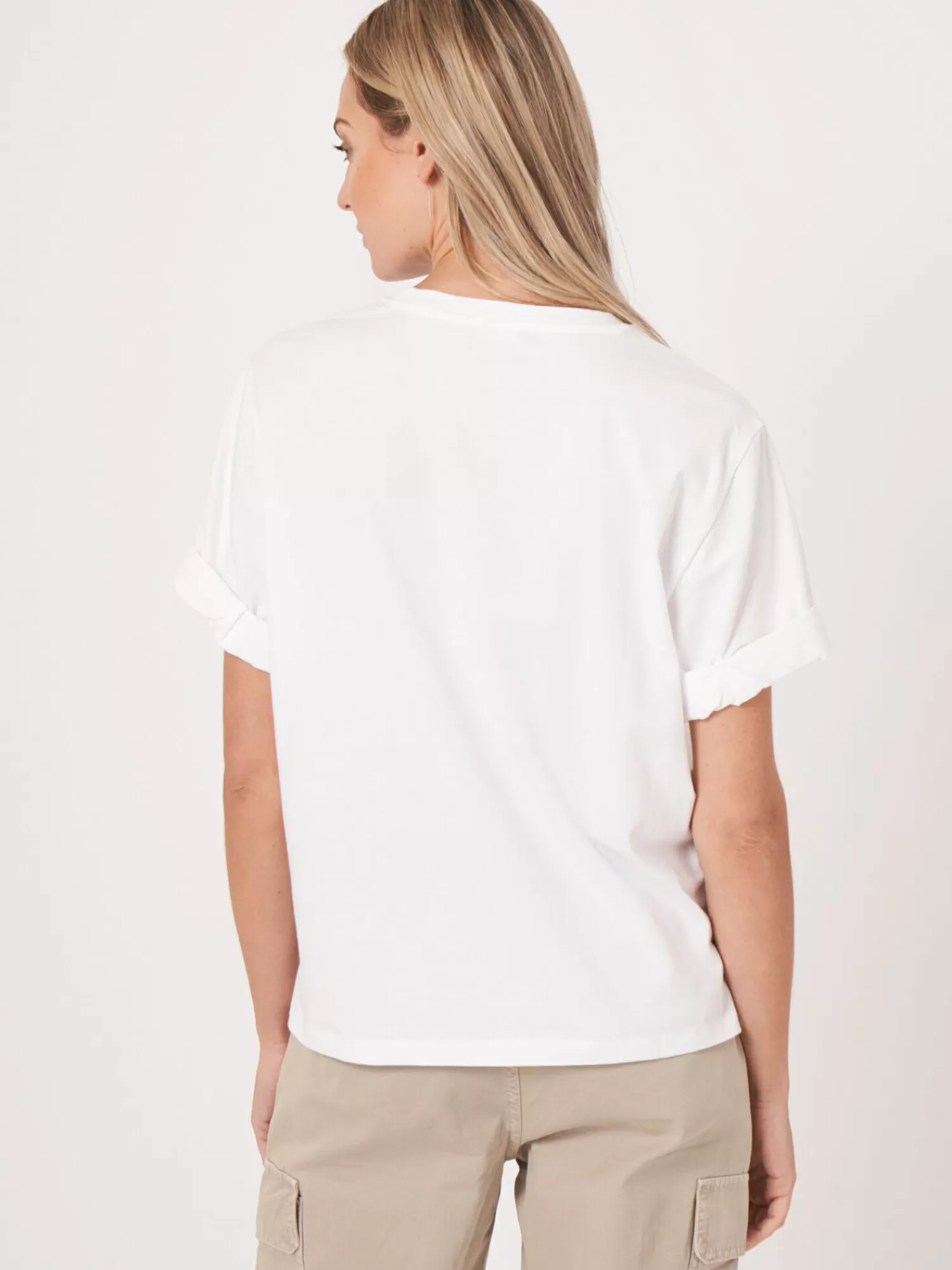 REPEAT cashmere Tops>Locker Geschnittenes T-Shirt Mit Aufgeschlagenen Armeln White