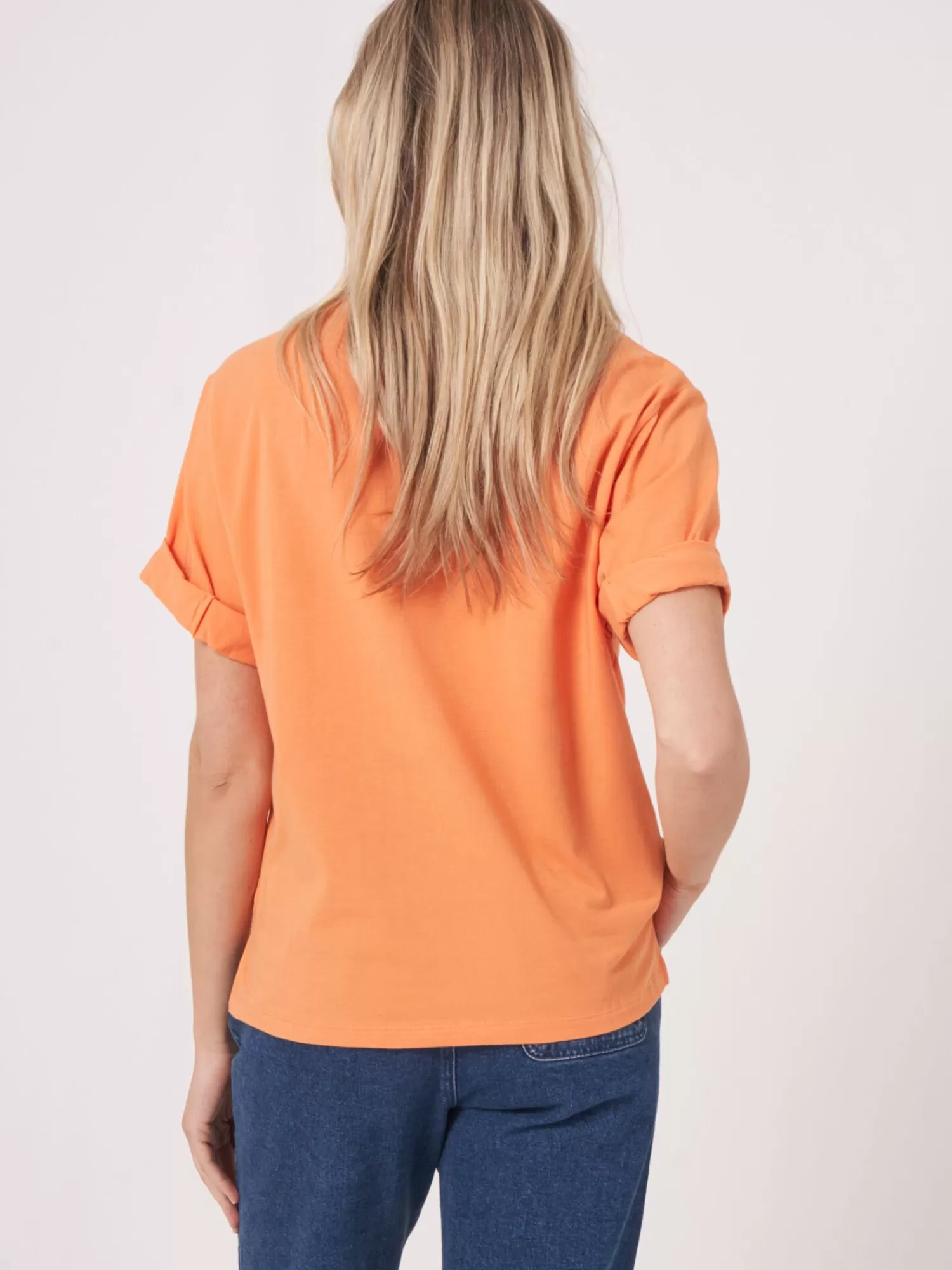 REPEAT cashmere Tops>Locker Geschnittenes T-Shirt Mit Aufgeschlagenen Armeln Papaya