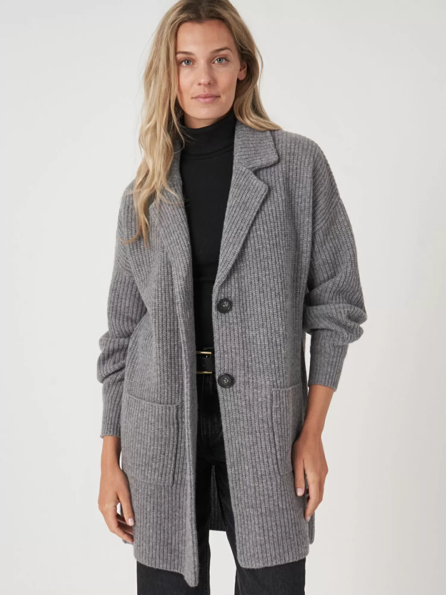 REPEAT cashmere Strickjacken>Mittellange Rippstrick-Cardigan Mit Revers Kragen Grey