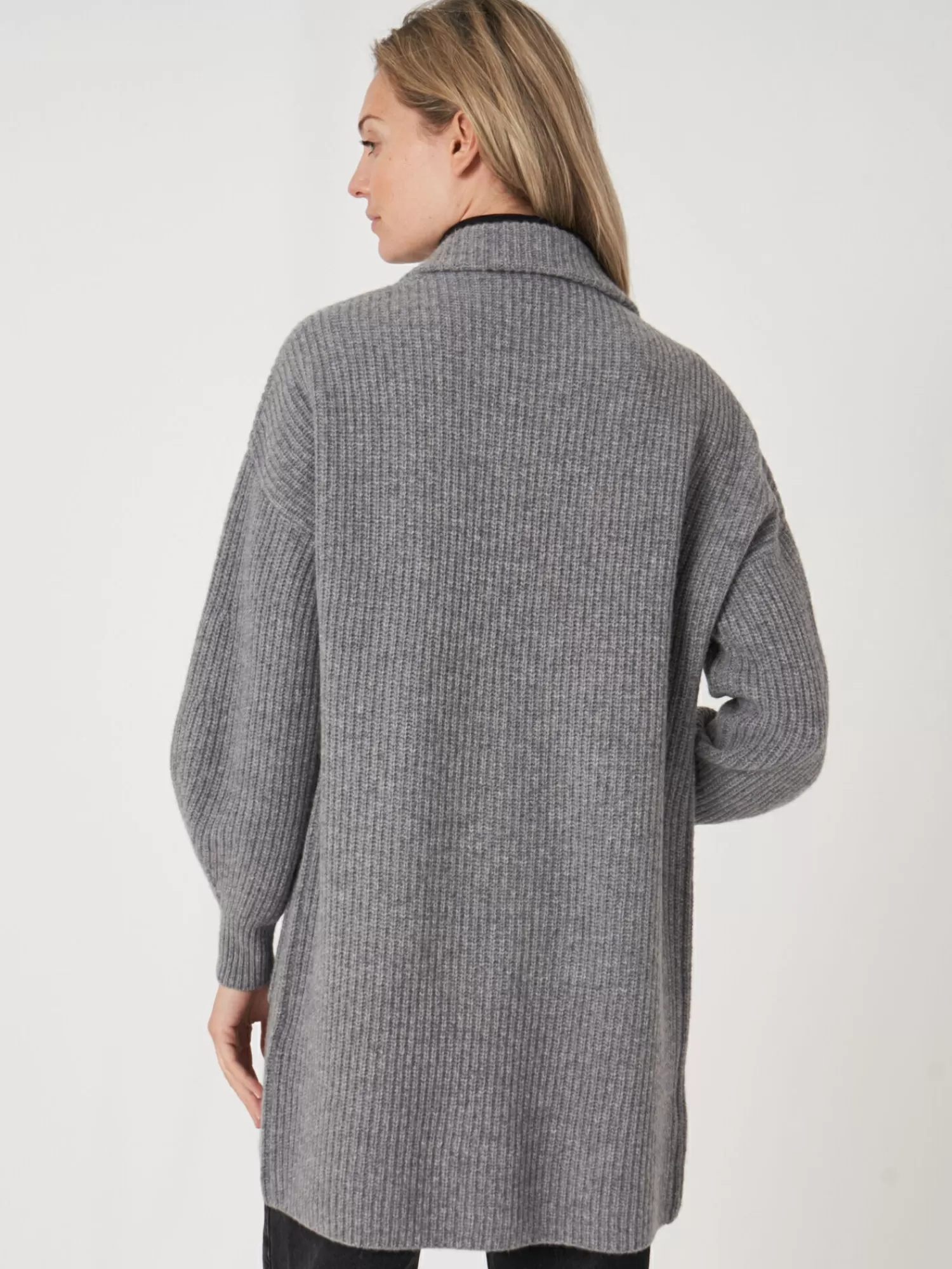 REPEAT cashmere Strickjacken>Mittellange Rippstrick-Cardigan Mit Revers Kragen Grey