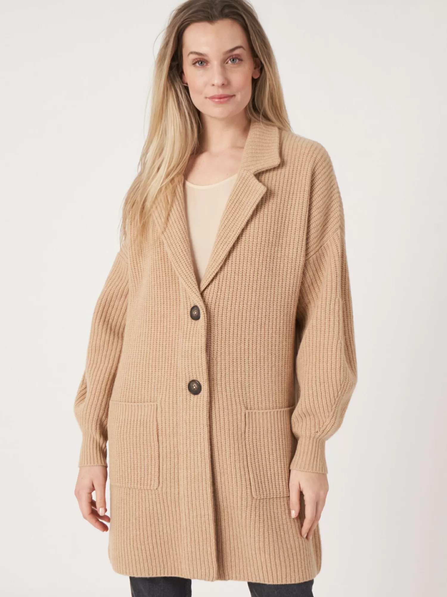 REPEAT cashmere Strickjacken>Mittellange Rippstrick-Cardigan Mit Revers Kragen Lt. Camel