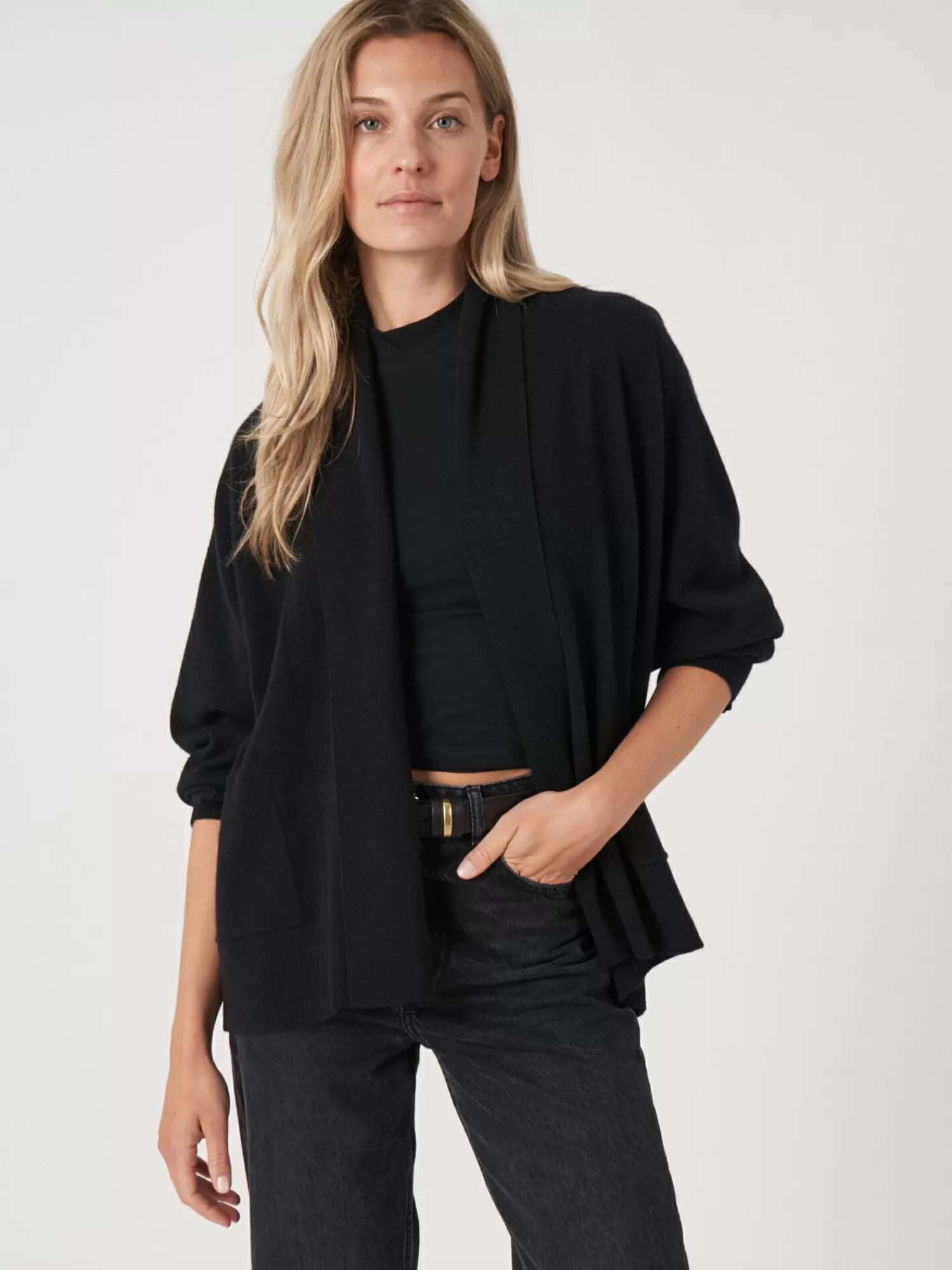 REPEAT cashmere Strickjacken>Offene Kaschmir-Strickjacke Mit Schalkragen Und Taschen Black