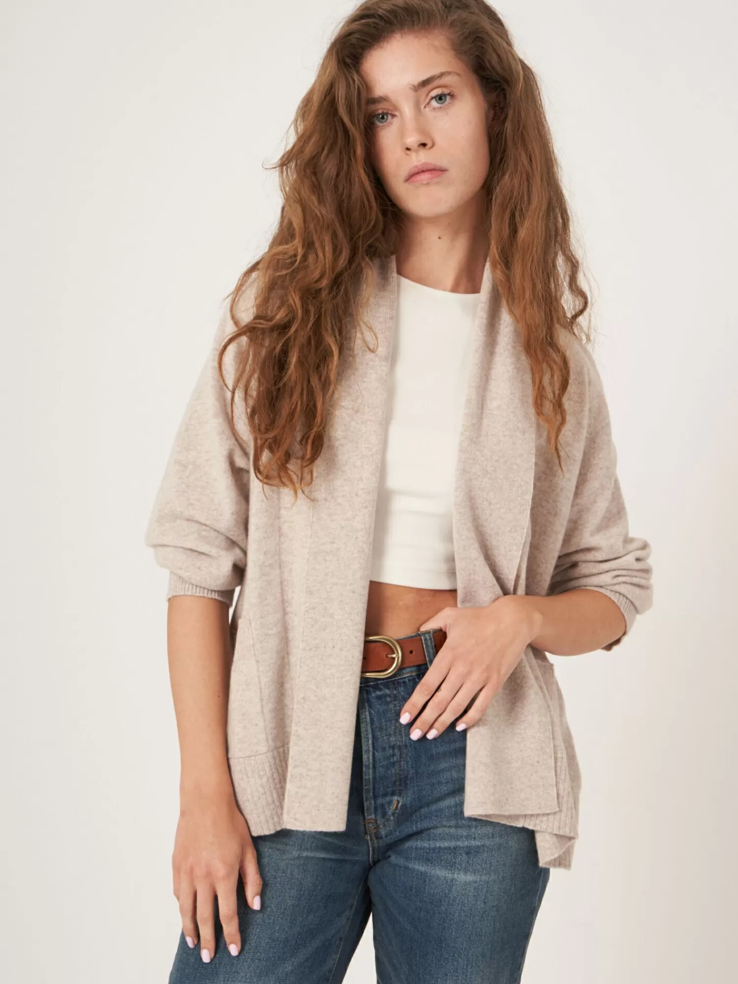 REPEAT cashmere Strickjacken>Offene Kaschmir-Strickjacke Mit Schalkragen Und Taschen Beige