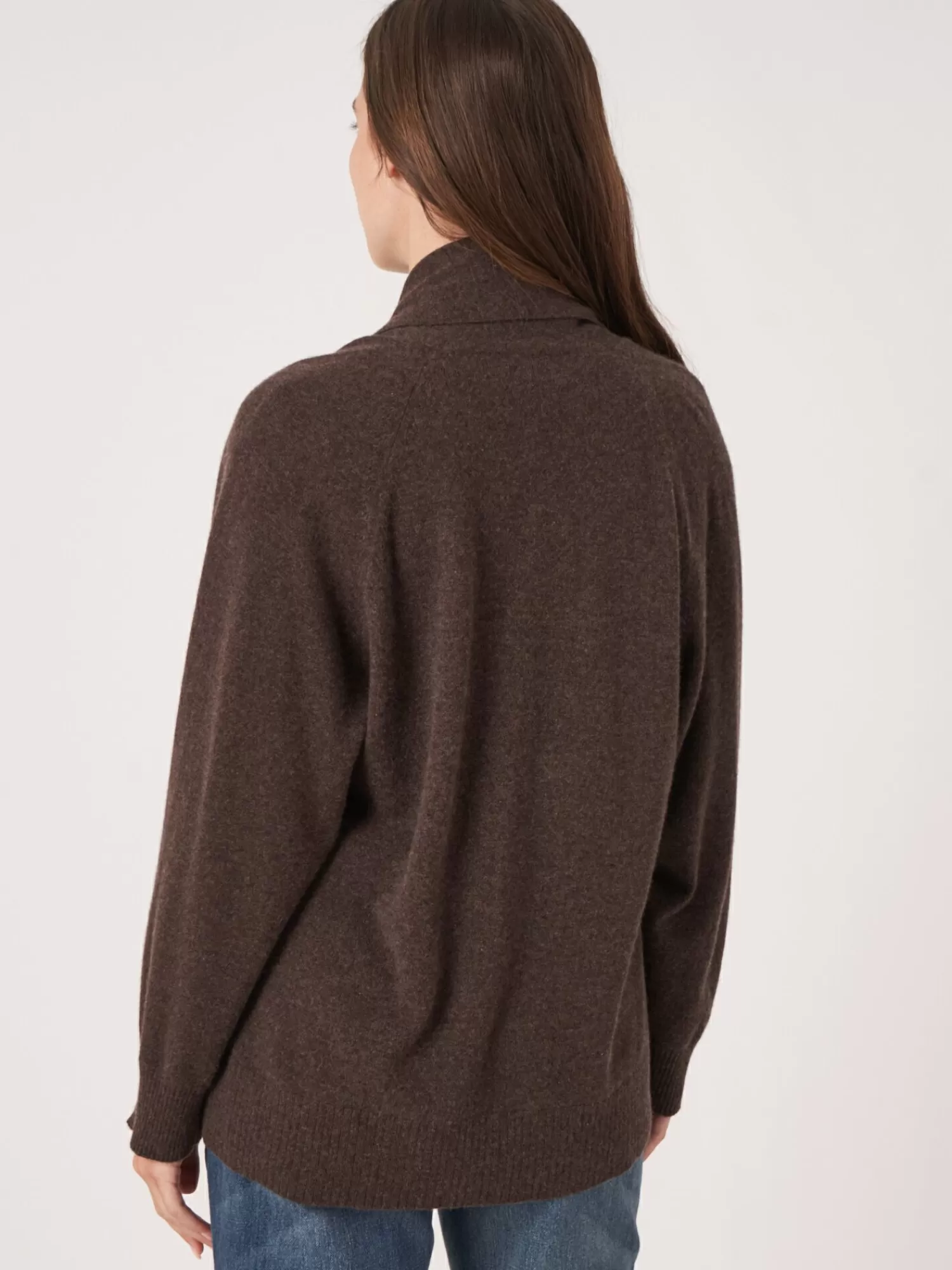 REPEAT cashmere Strickjacken>Offene Kaschmir-Strickjacke Mit Schalkragen Und Taschen Chocolate