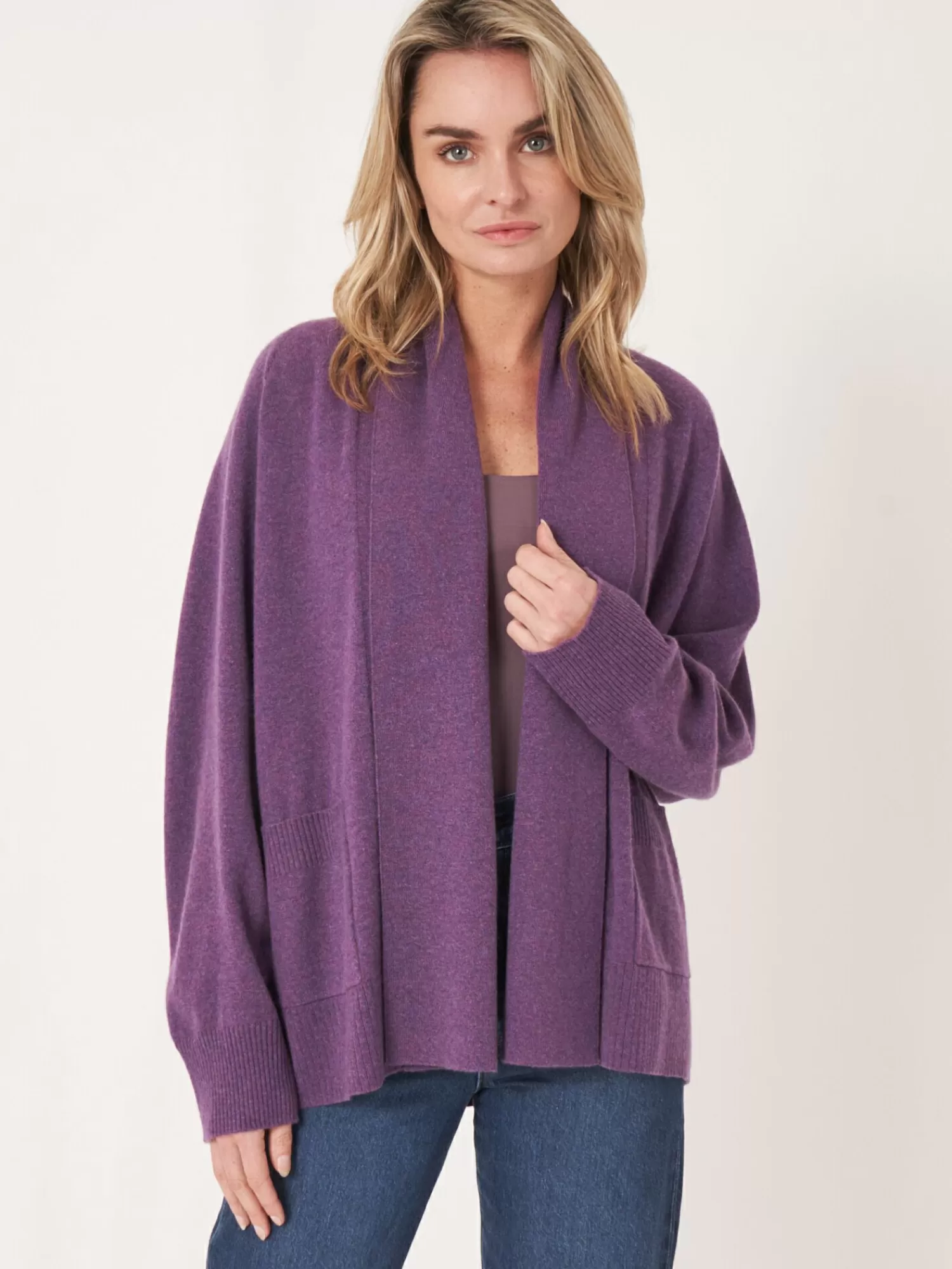 REPEAT cashmere Strickjacken>Offene Kaschmir-Strickjacke Mit Schalkragen Und Taschen Amethyst