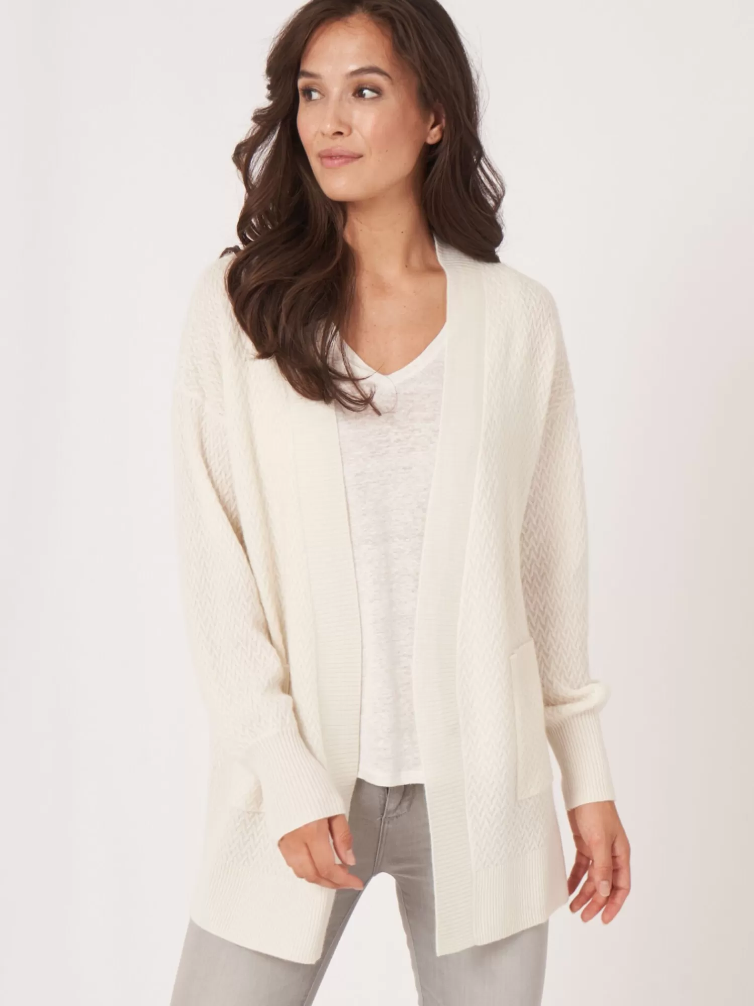 REPEAT cashmere Organisches Kaschmir>Offene Strickjacke Aus Bio-Kaschmir Mit Feinem Zopfstrickmuster Cream