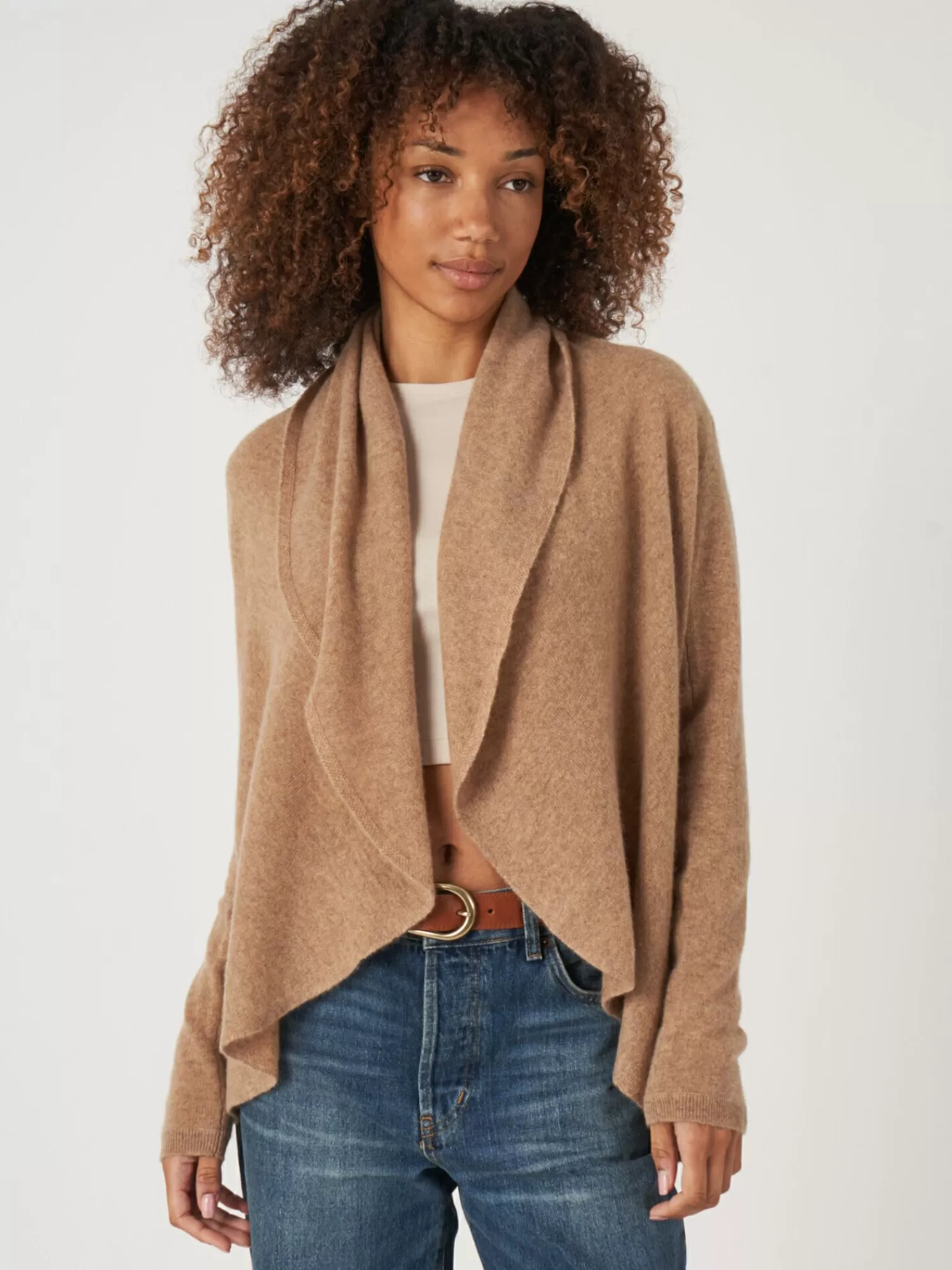 REPEAT cashmere Strickjacken>Offene Strickjacke Mit Schalkragen Aus Bio-Kaschmir Camel