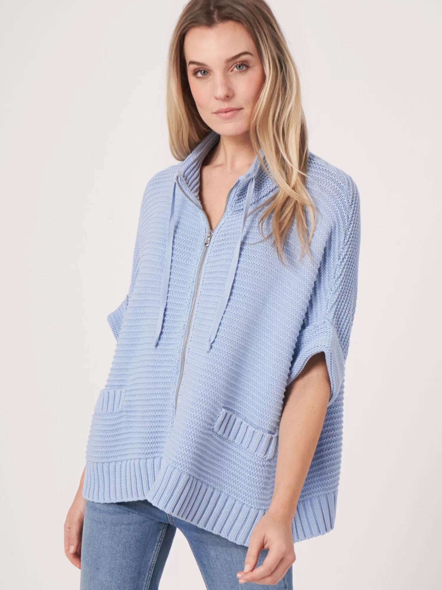 REPEAT cashmere Ponchos>Poncho Aus Baumwollstrick Mit Reisverschluss Und Größer Rippenstruktur Lt Blue