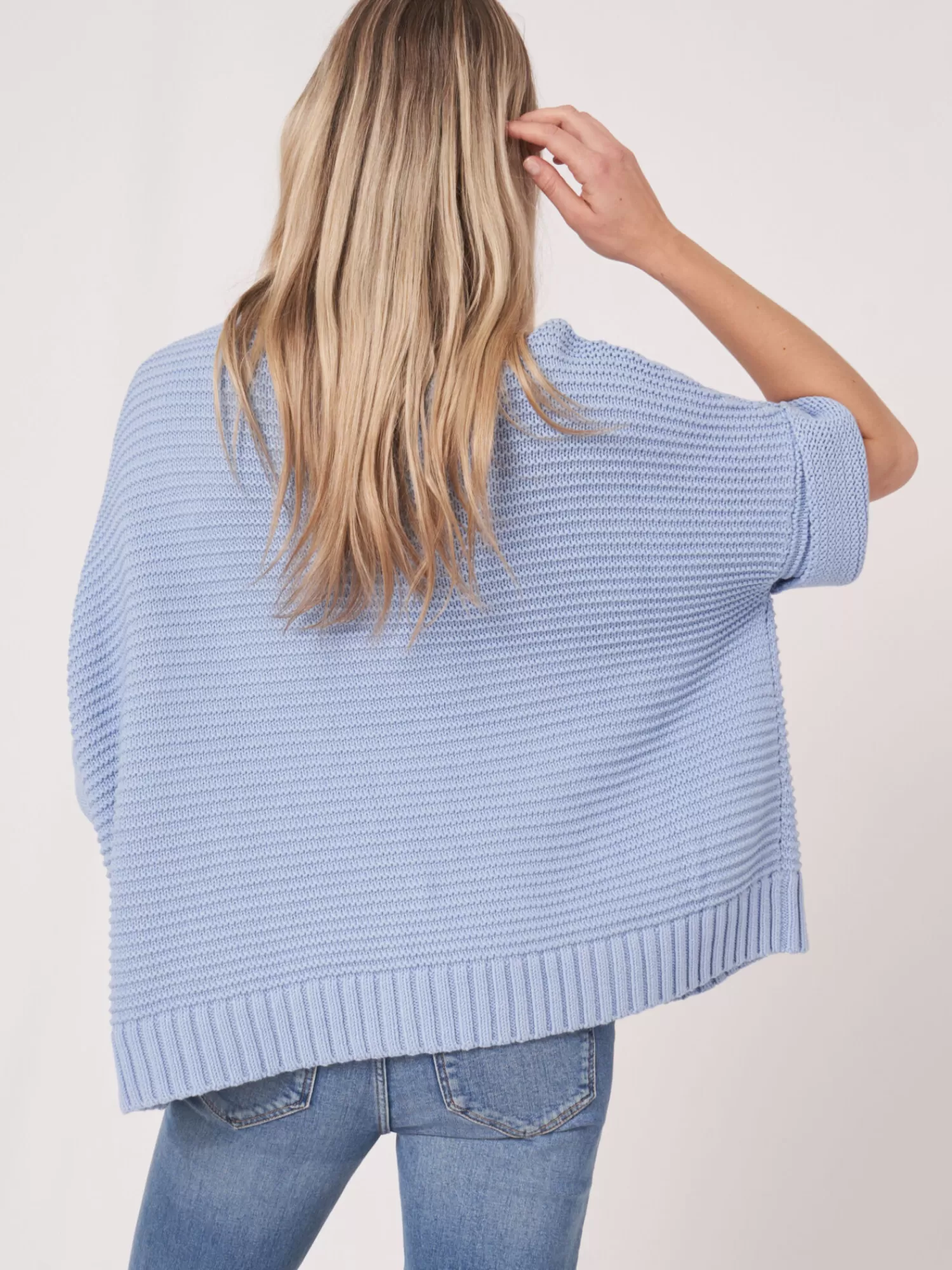 REPEAT cashmere Ponchos>Poncho Aus Baumwollstrick Mit Reisverschluss Und Größer Rippenstruktur Lt Blue