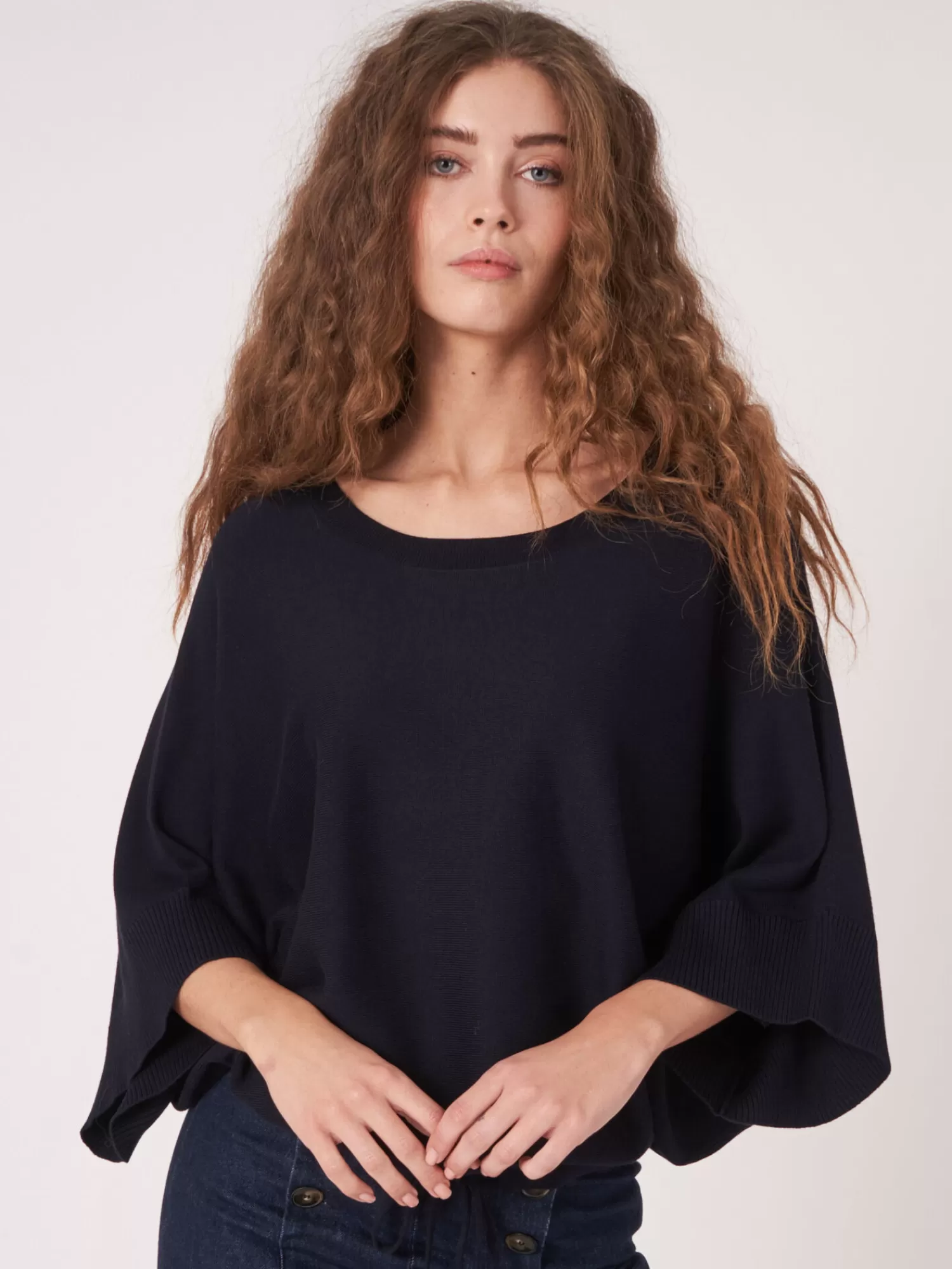 REPEAT cashmere Ponchos>Poncho-Pullover Aus Baumwollmischung Mit Kordelzug Navy