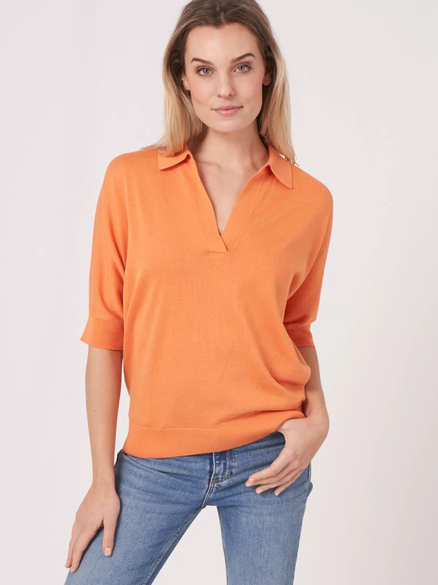 REPEAT cashmere Pullover>Pullover Mit Polokragen Aus Baumwollmischung Papaya