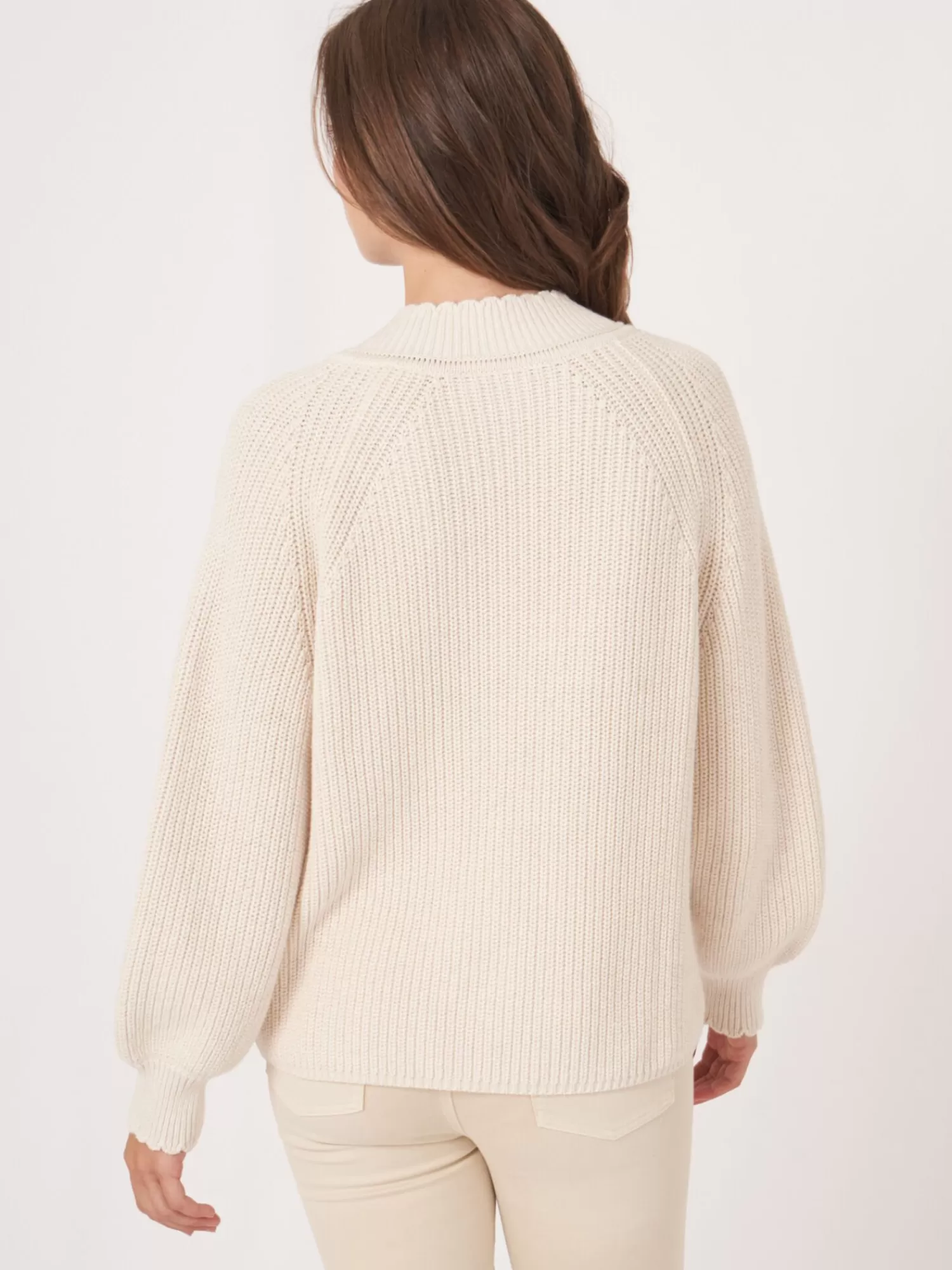 REPEAT cashmere Pullover>Pullover Mit V-Ausschnitt Aus Reinem Baumwoll-Rippstrick Mit Wellenkanten Ivory