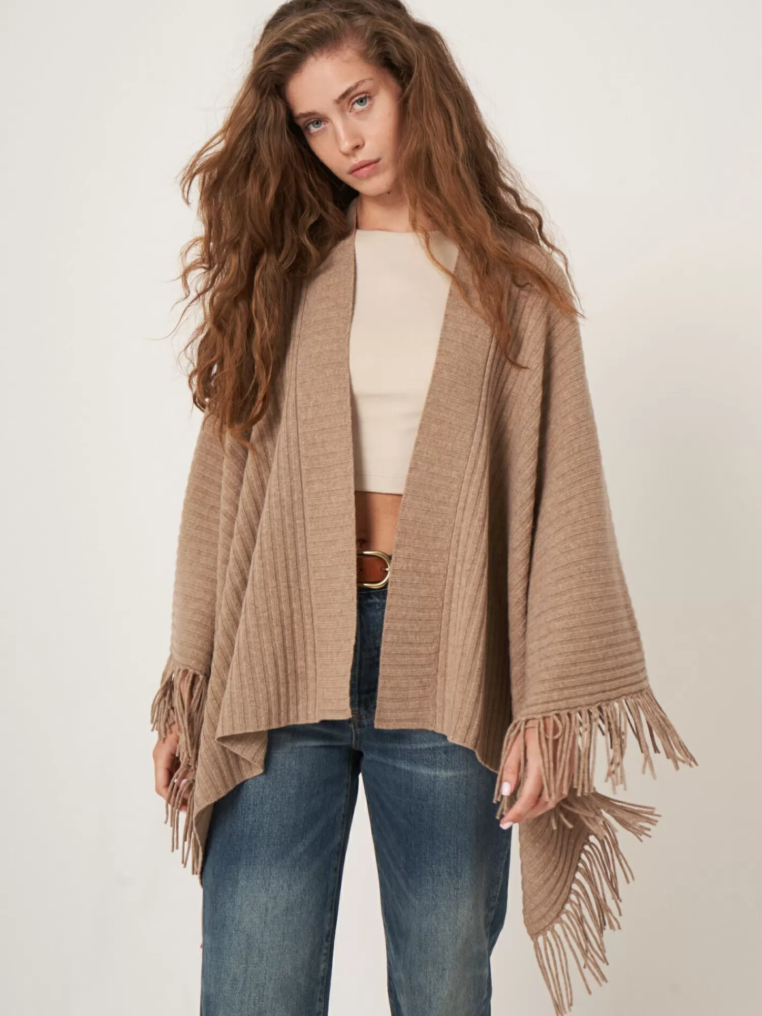 REPEAT cashmere Ponchos>Rippenstrick-Cape Mit Fransen Taupe