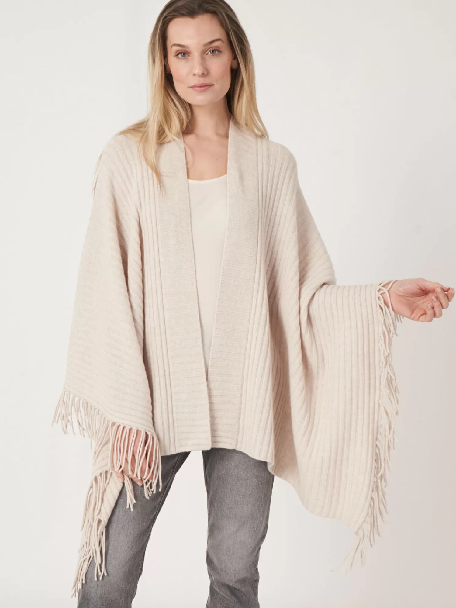 REPEAT cashmere Ponchos>Rippenstrick-Cape Mit Fransen Moondust