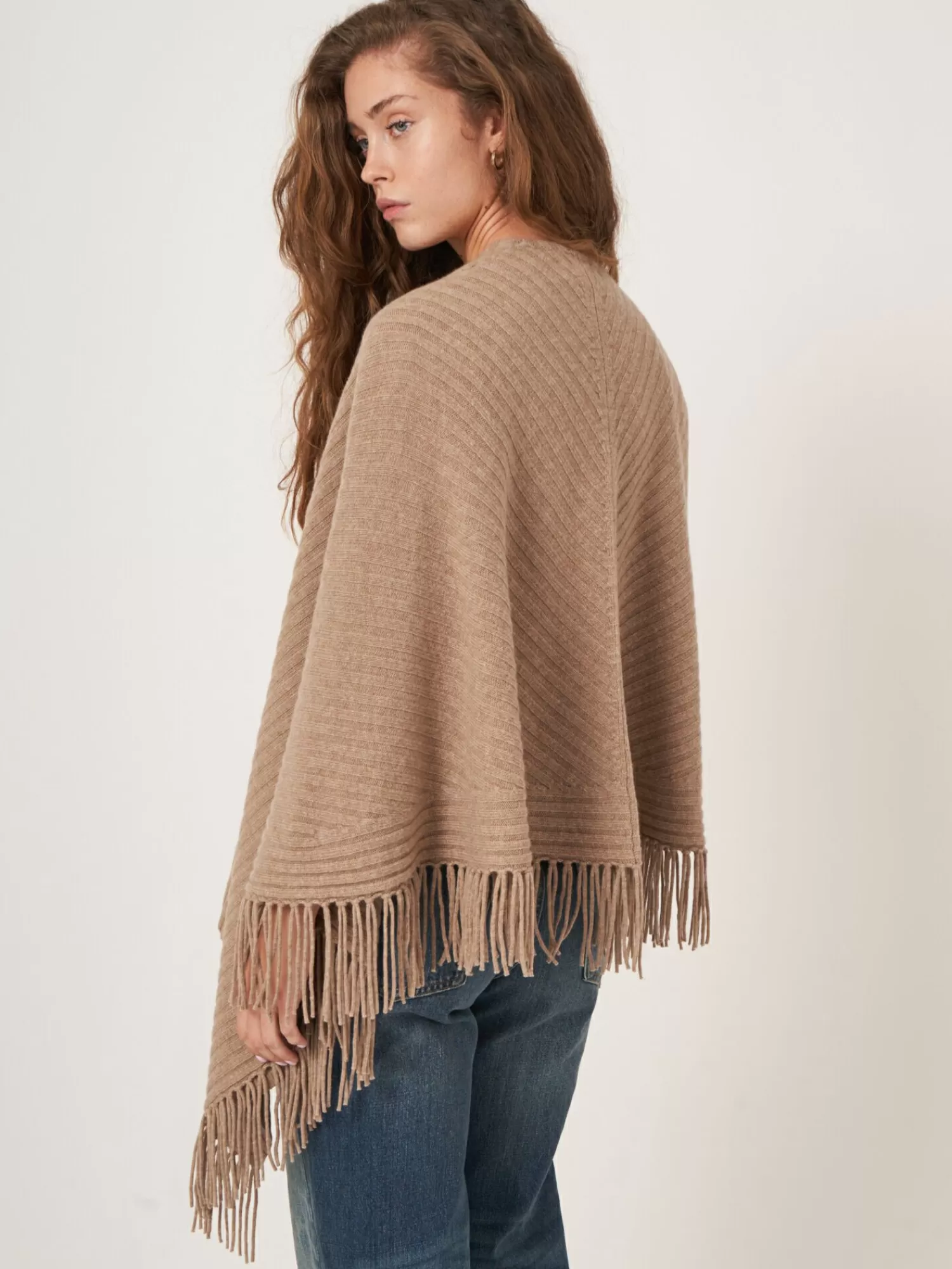 REPEAT cashmere Ponchos>Rippenstrick-Cape Mit Fransen Taupe