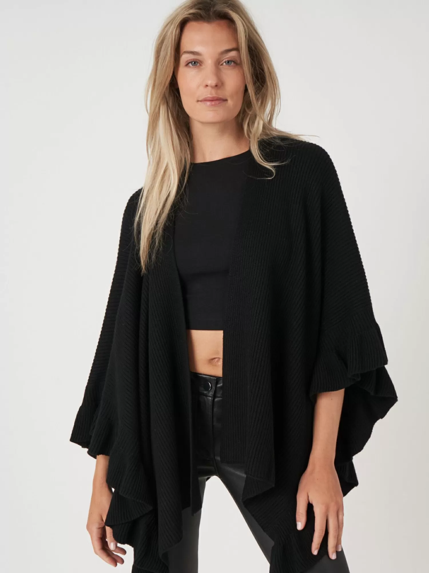 REPEAT cashmere Ponchos>Rippenstrick-Cape Mit Rusche Black