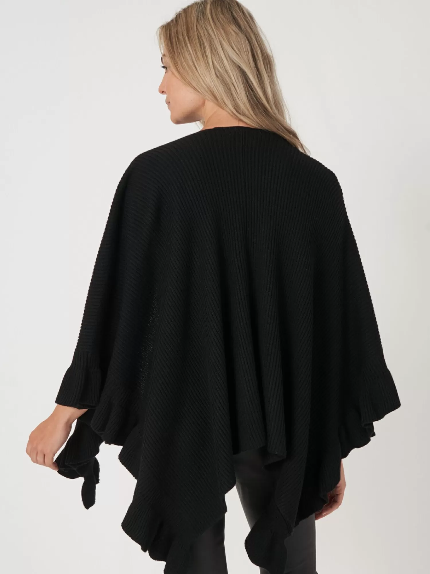 REPEAT cashmere Ponchos>Rippenstrick-Cape Mit Rusche Black