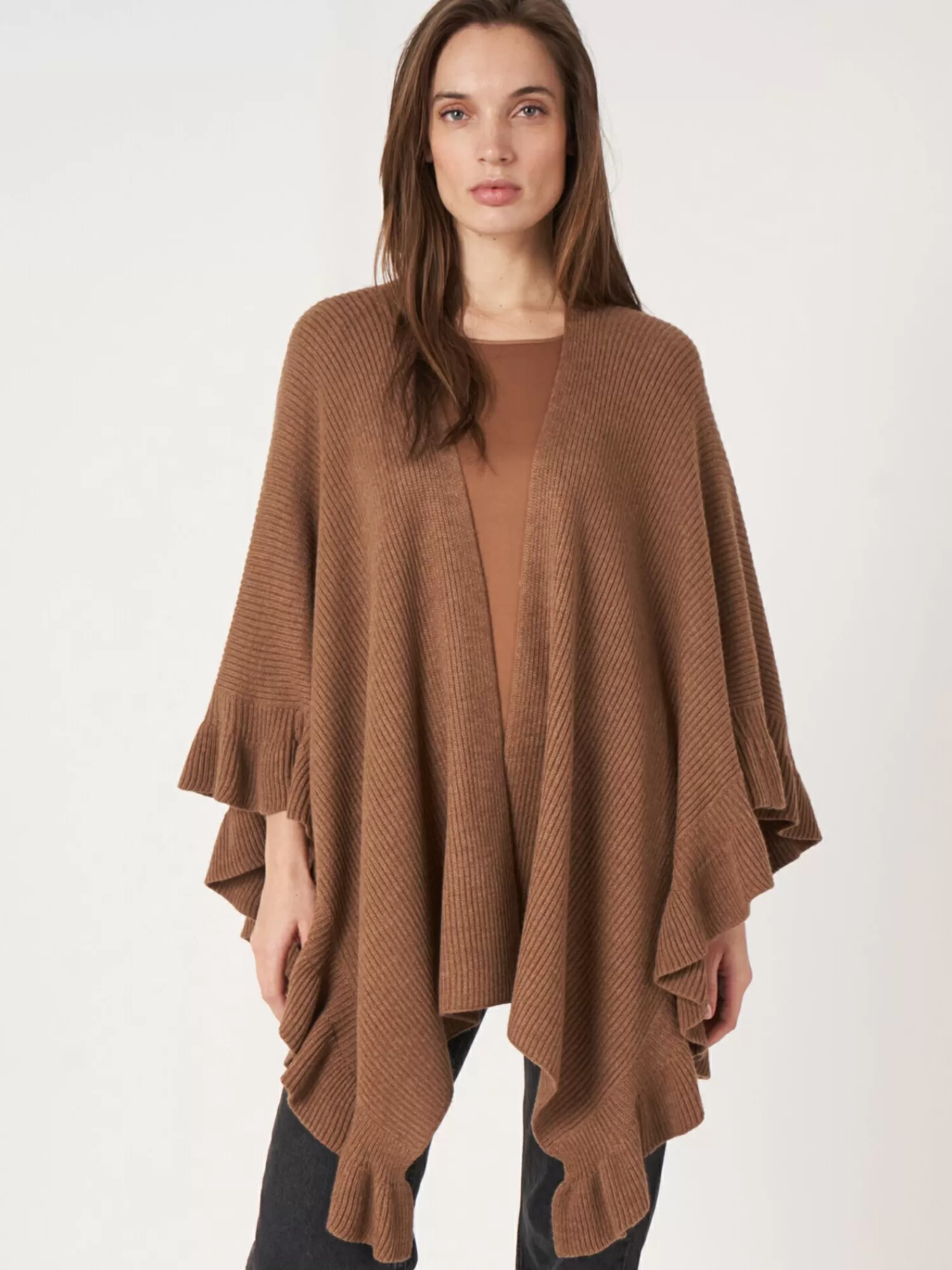 REPEAT cashmere Ponchos>Rippenstrick-Cape Mit Rusche Hazel