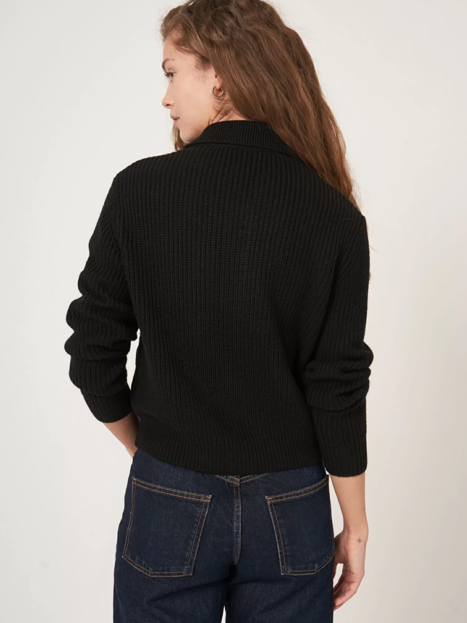 REPEAT cashmere Strickjacken>Rippenstrickjacke Mit Polokragen Aus Merinowolle Black