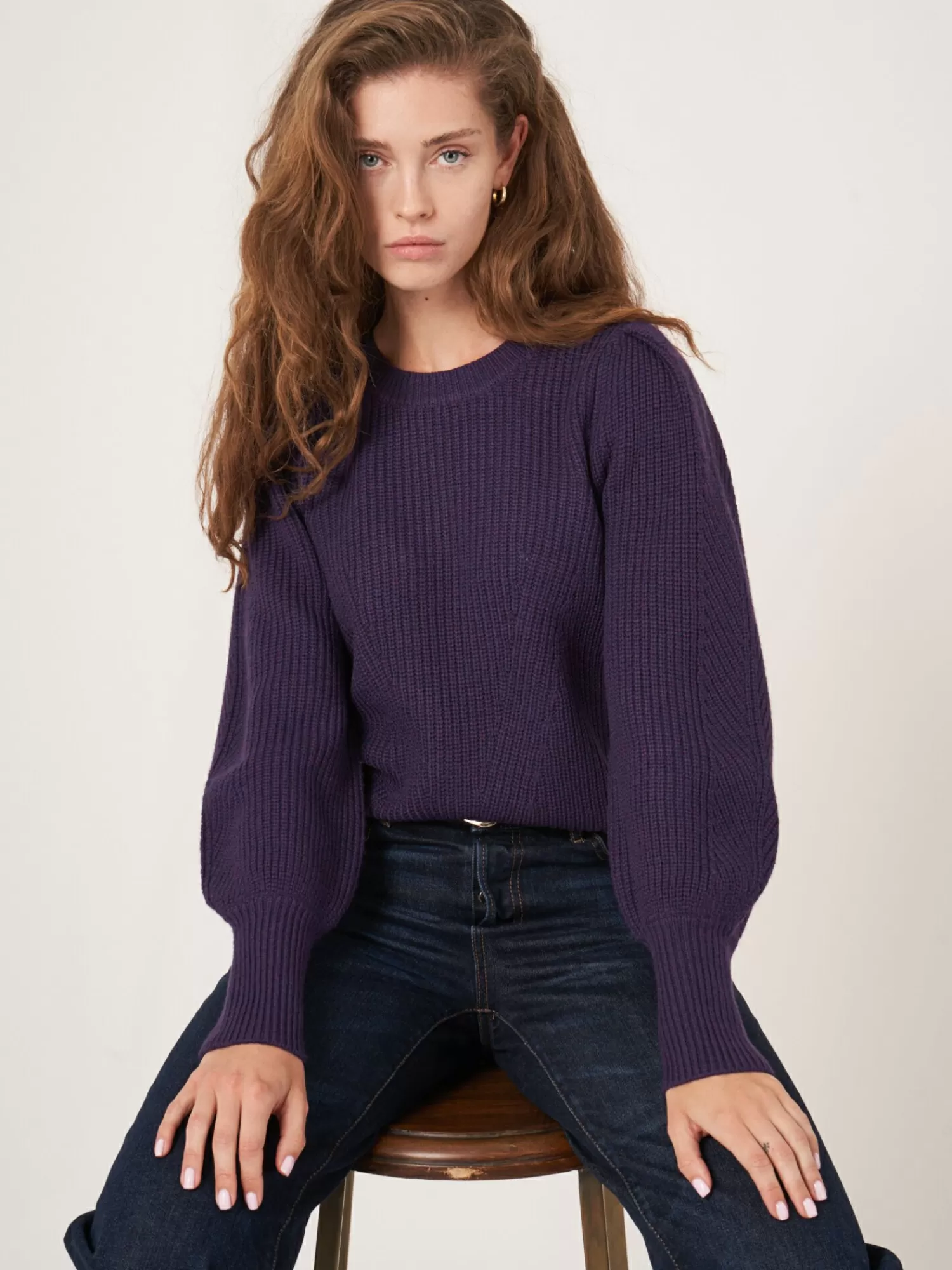 REPEAT cashmere Pullover>Rippstrick-Pullover Aus Merinowolle Mit Plissierten Schultern Purple