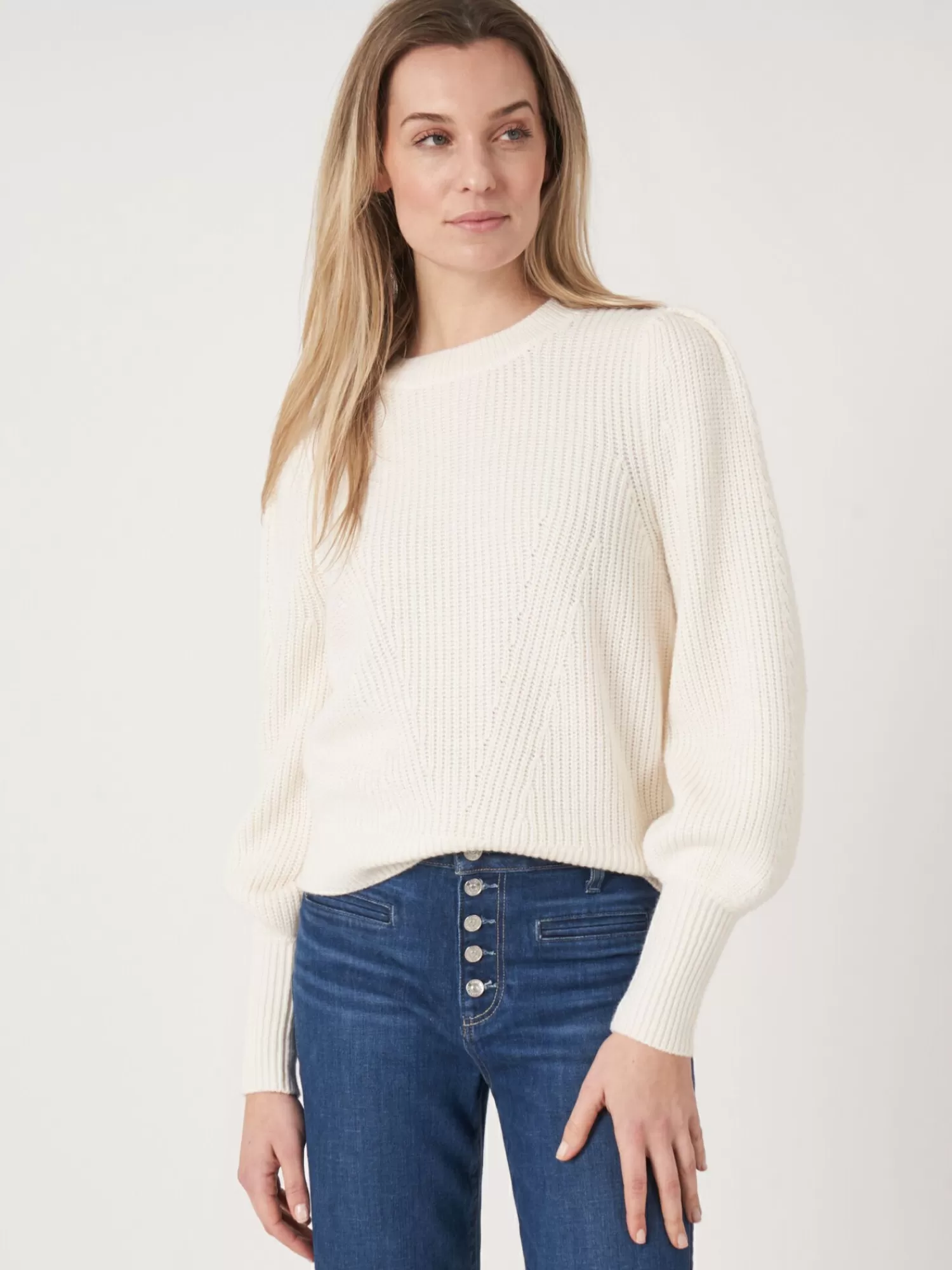 REPEAT cashmere Pullover>Rippstrick-Pullover Aus Merinowolle Mit Plissierten Schultern Cream