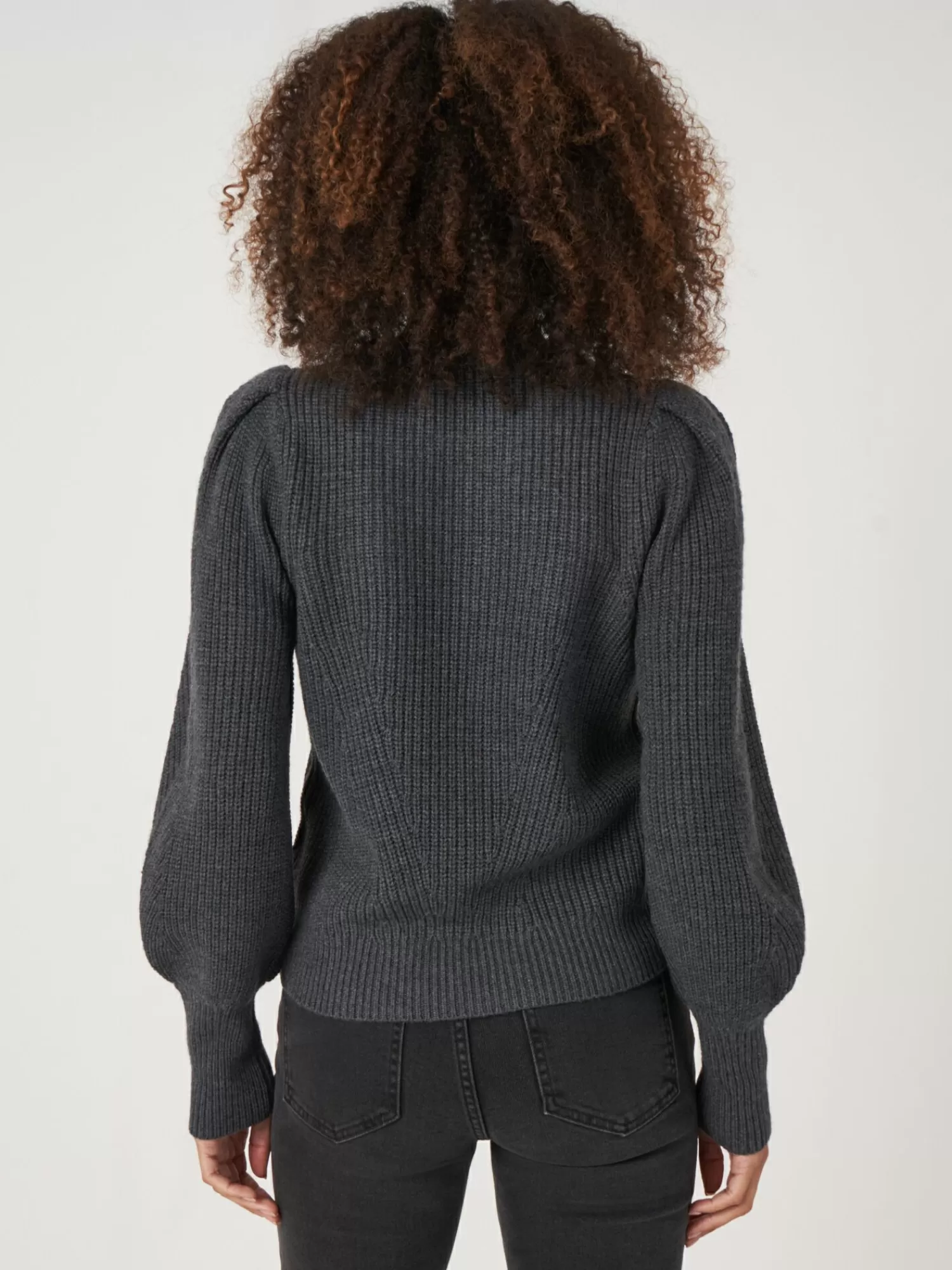 REPEAT cashmere Pullover>Rippstrick-Pullover Aus Merinowolle Mit Plissierten Schultern Dark Grey