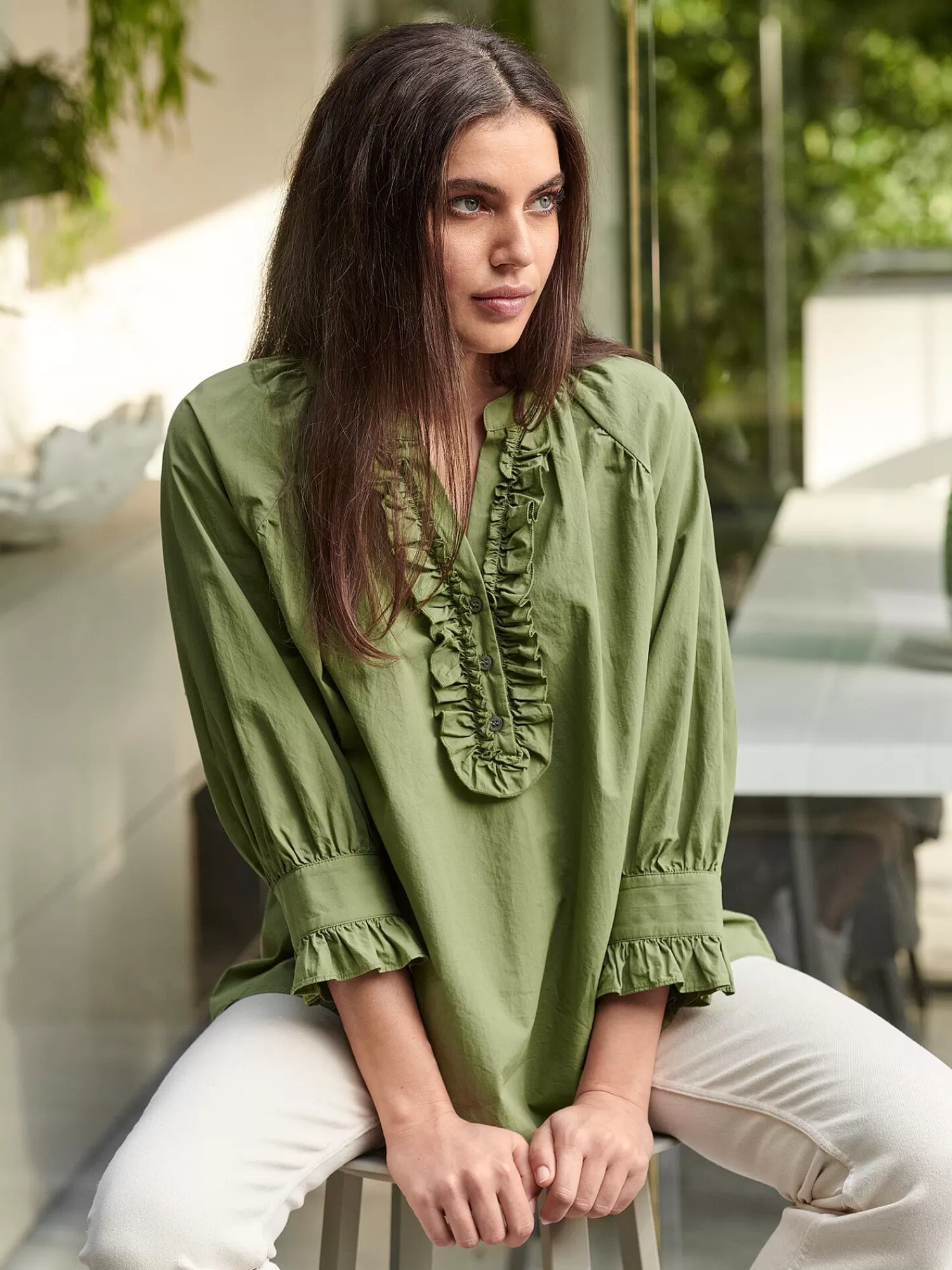 REPEAT cashmere Repeats Favoriten>Ruschenbluse Aus Reiner Baumwolle Matcha