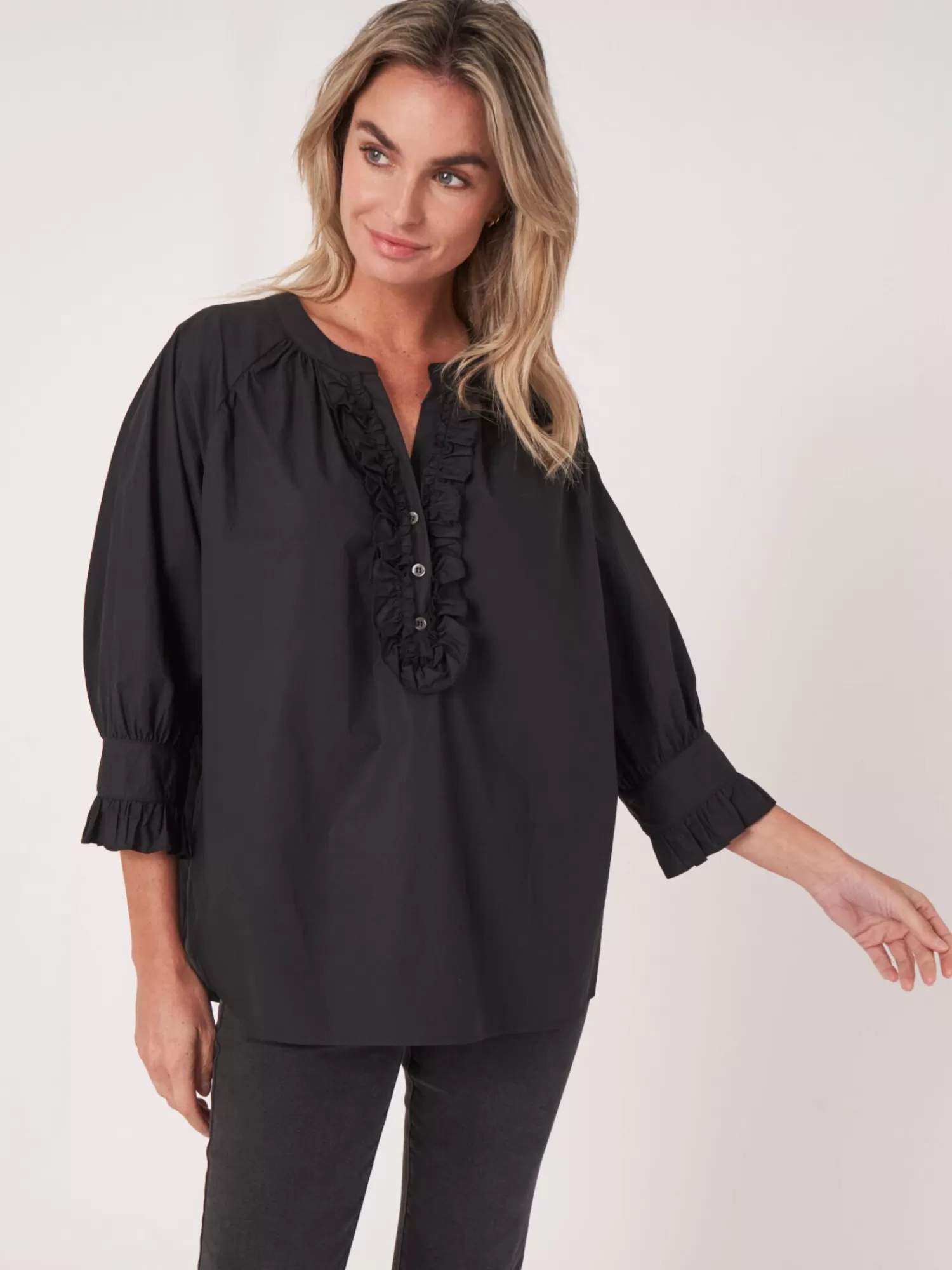 REPEAT cashmere Blusen>Ruschenbluse Aus Reiner Baumwolle Black