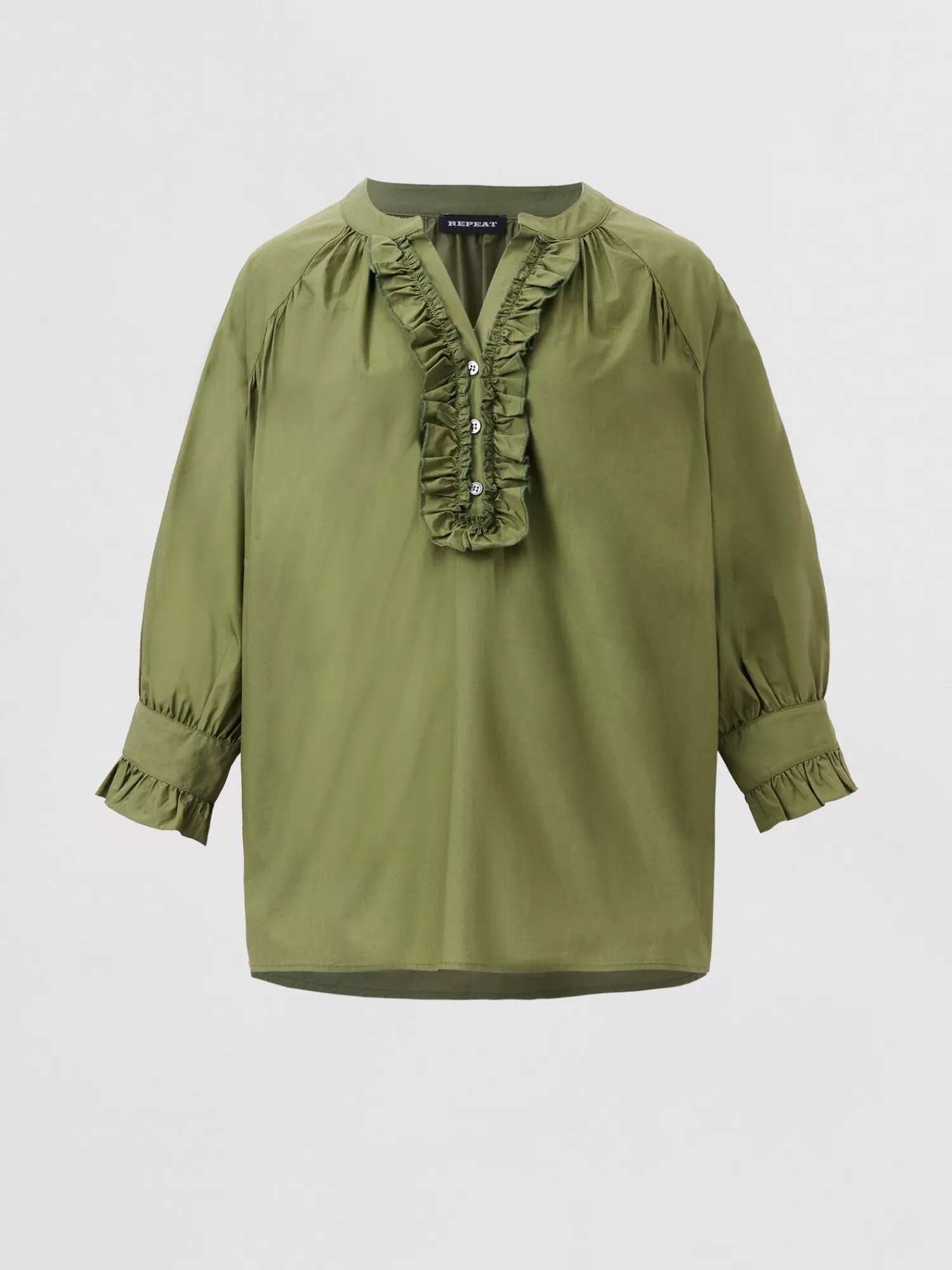 REPEAT cashmere Repeats Favoriten>Ruschenbluse Aus Reiner Baumwolle Matcha