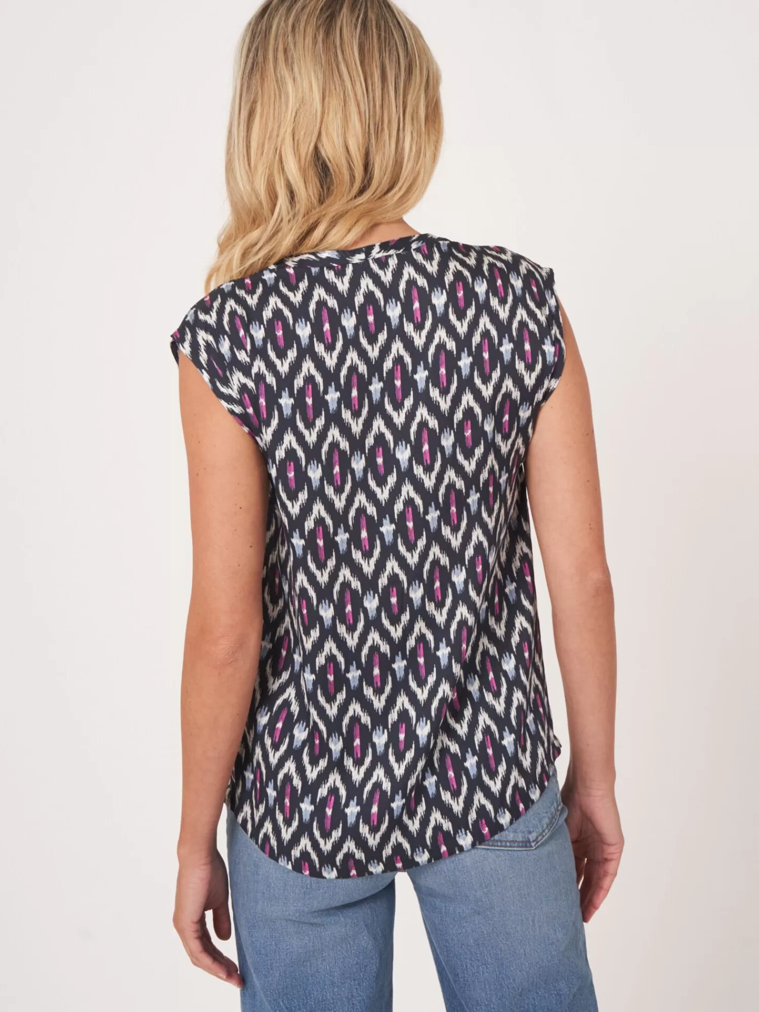 REPEAT cashmere Tops>Seidentop Mit Ikat-Print Navy