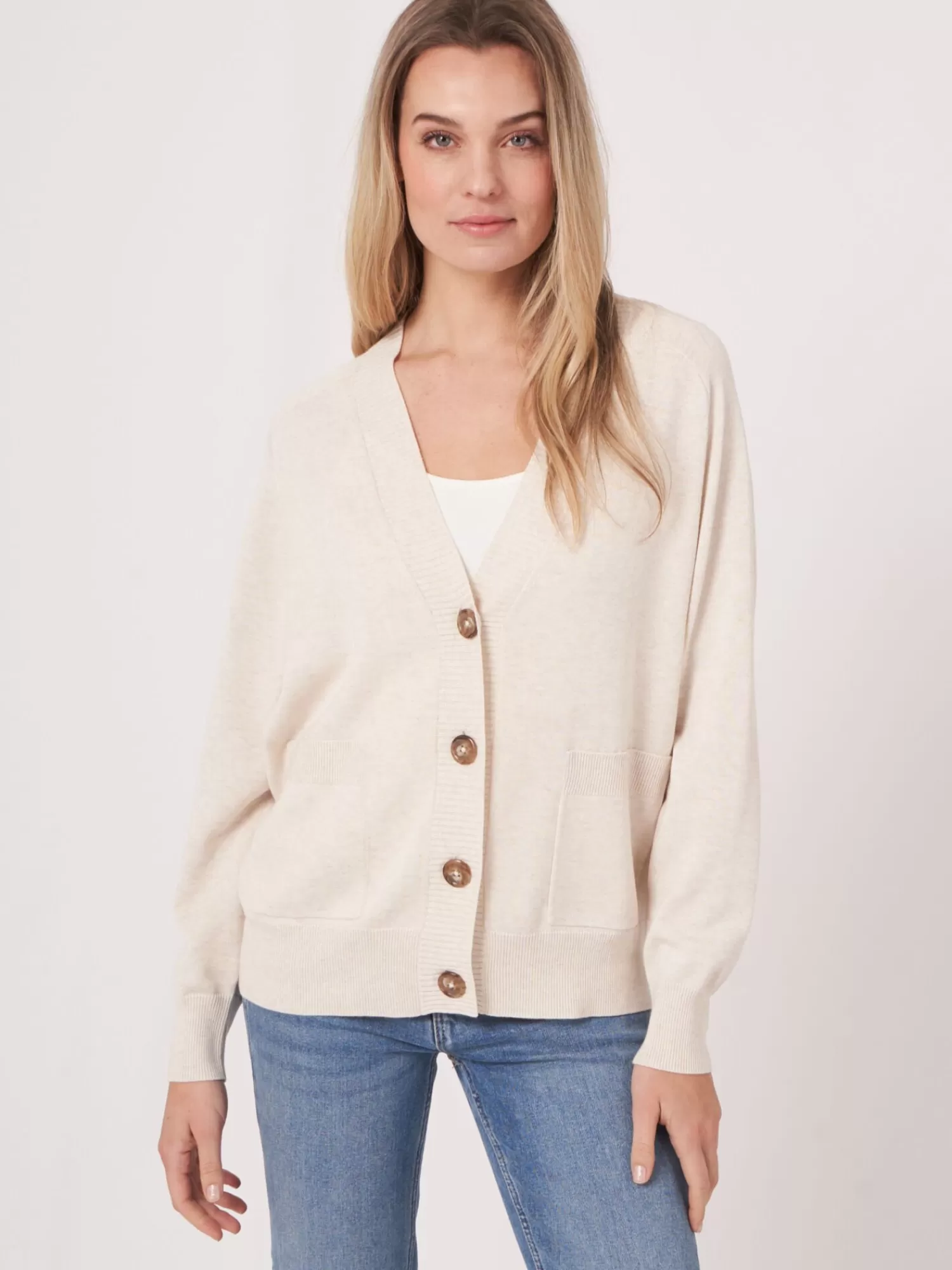 REPEAT cashmere Strickjacken>Strickjacke Aus Baumwollmischung Mit Knopfen Und Taschen Ivory