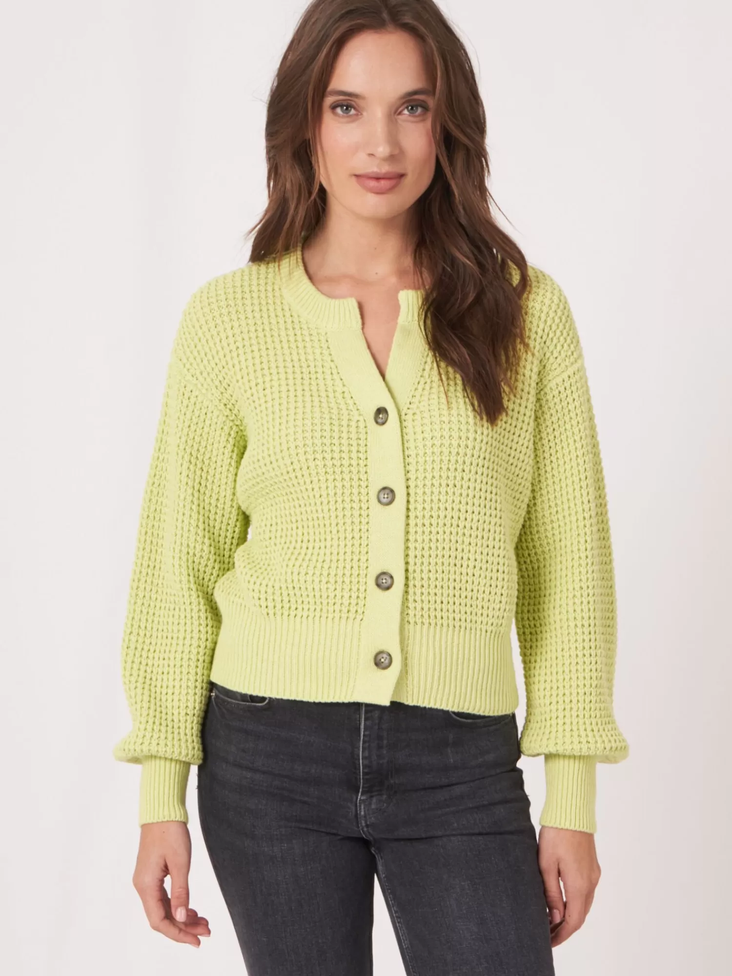 REPEAT cashmere Strickjacken>Strickjacke Aus Größem Rippenstrick Mit Puffarmeln Soda