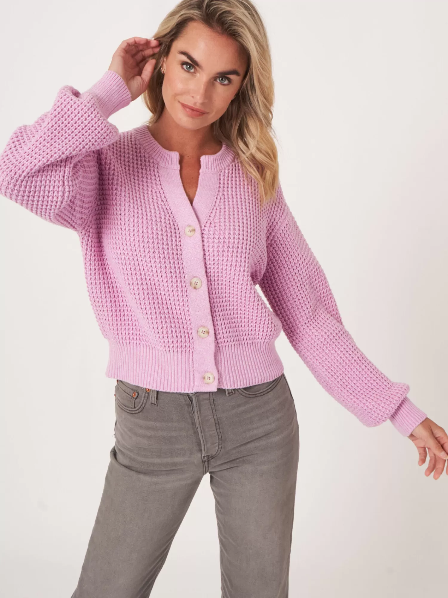 REPEAT cashmere Strickjacken>Strickjacke Aus Größem Rippenstrick Mit Puffarmeln Orchid