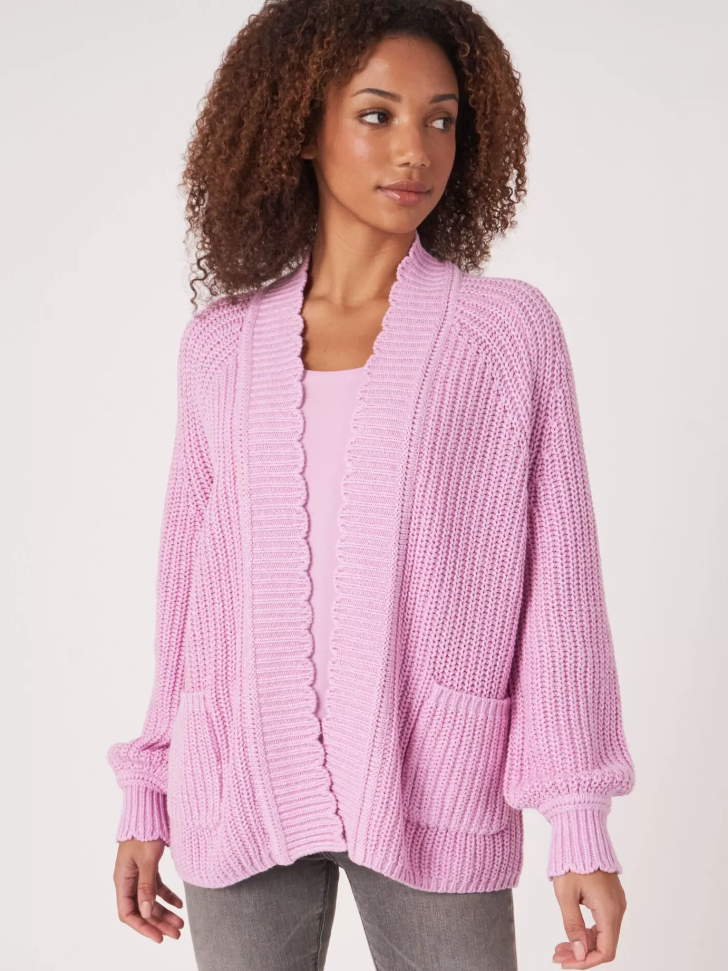 REPEAT cashmere Strickjacken>Strickjacke Aus Größem Rippenstrick Mit Wellenschliff Am Saum Orchid