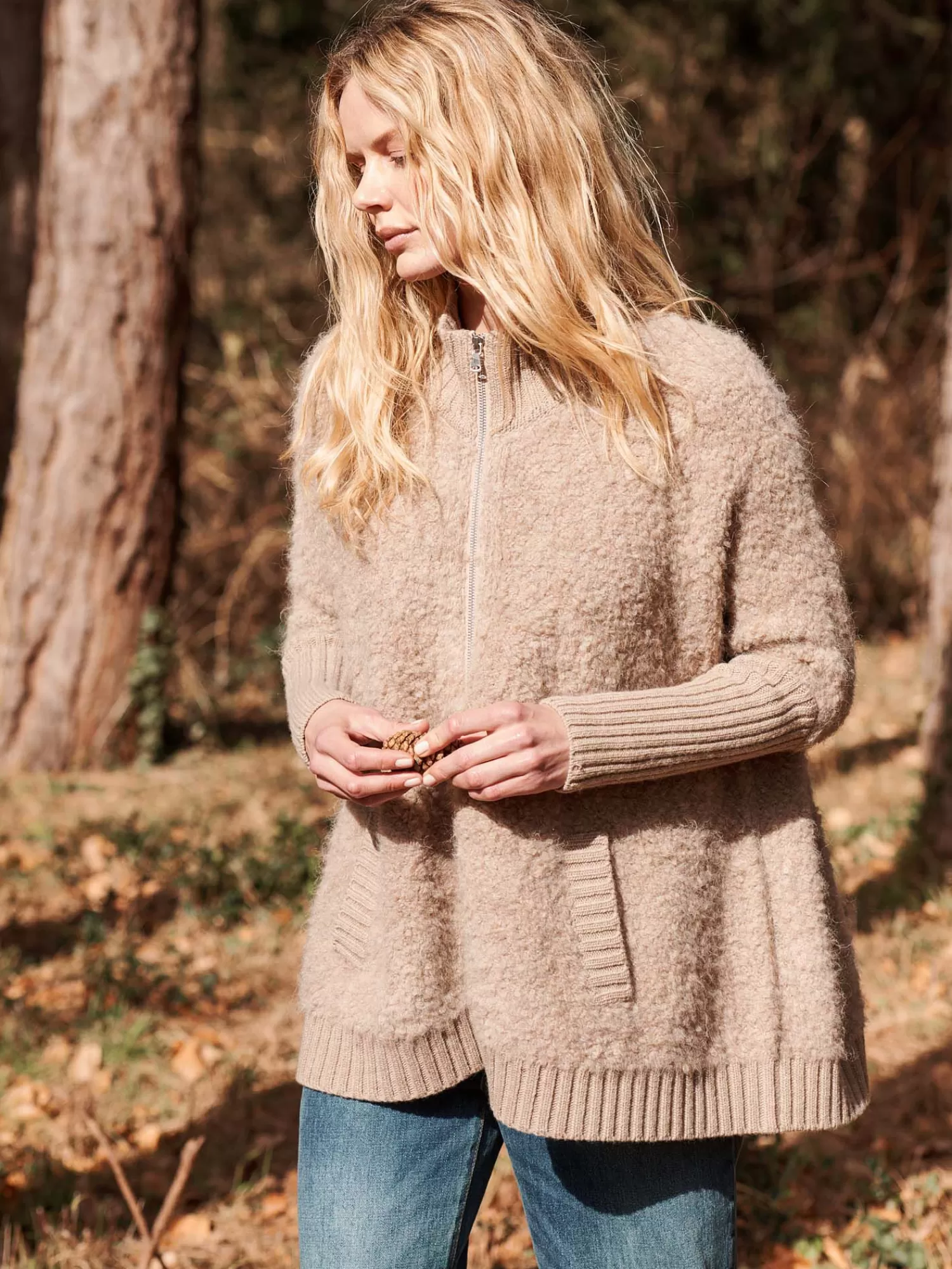 REPEAT cashmere Strickjacken>Strickjacke Aus Italienischem Garn Mit Reisverschluss Und Taschen Beige