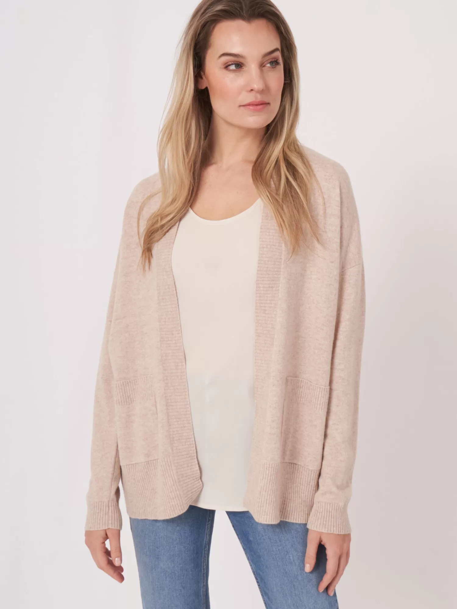 REPEAT cashmere Organisches Kaschmir>Strickjacke Aus Kaschmir-Seidenmischung Mit Offener Vorderseite Und Taschen Beige