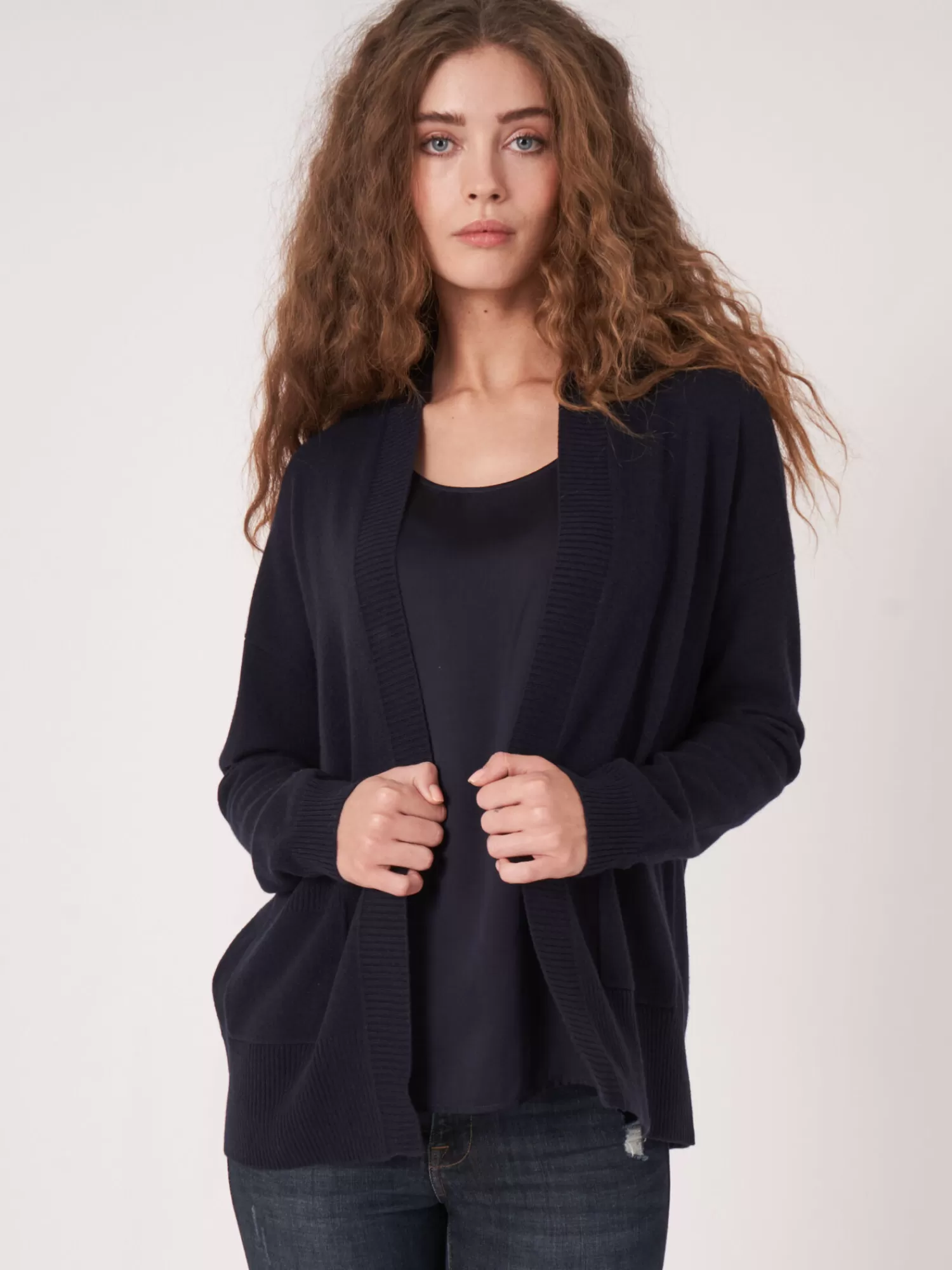 REPEAT cashmere Organisches Kaschmir>Strickjacke Aus Kaschmir-Seidenmischung Mit Offener Vorderseite Und Taschen Navy