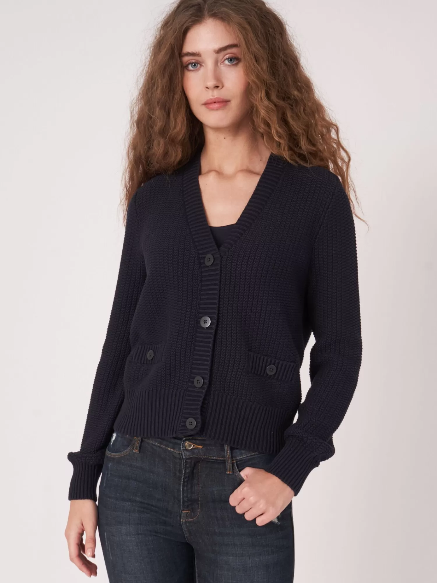 REPEAT cashmere Strickjacken>Strickjacke Aus Reiner Baumwolle In Rippstrick Navy