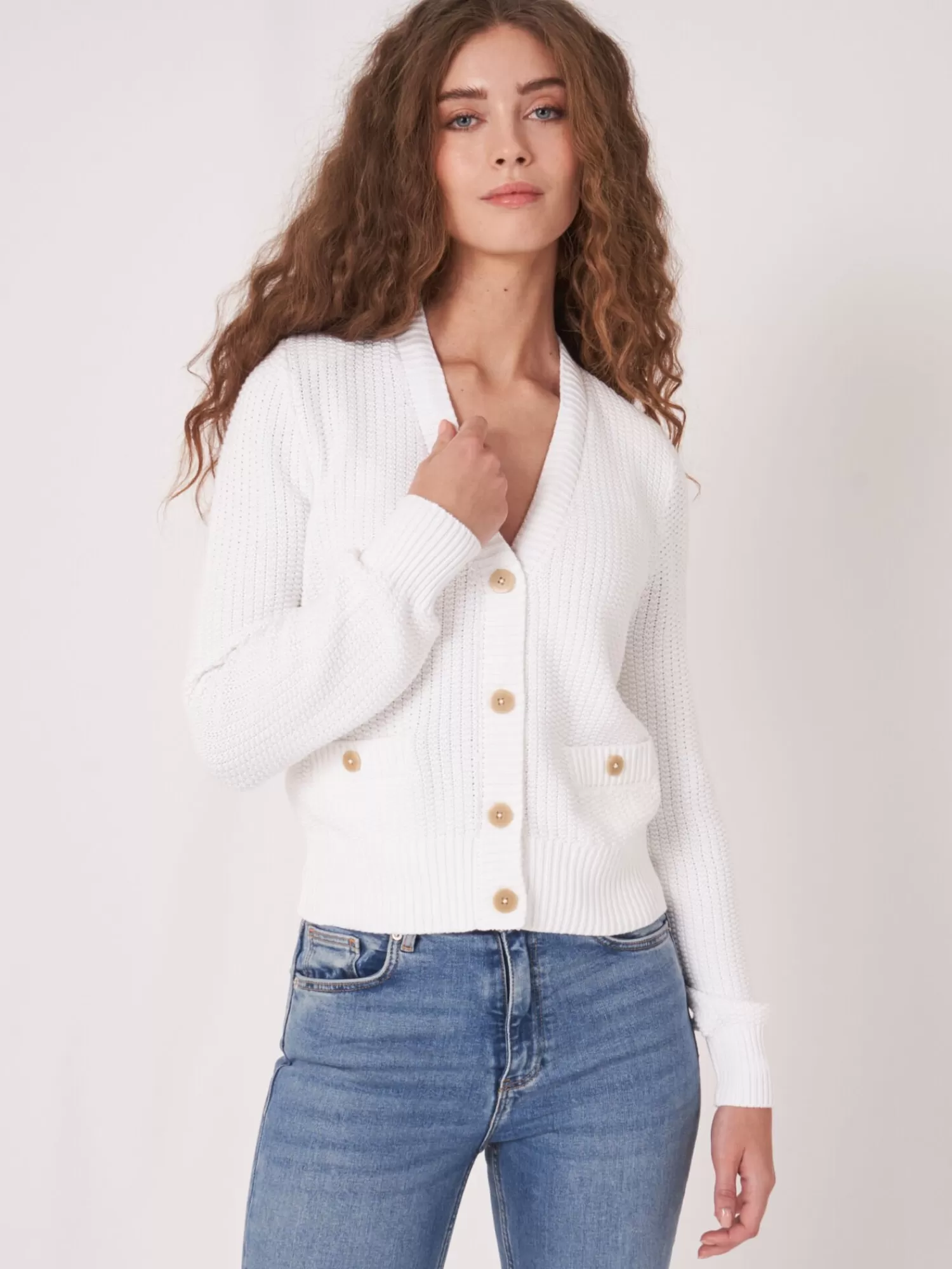 REPEAT cashmere Strickjacken>Strickjacke Aus Reiner Baumwolle In Rippstrick White