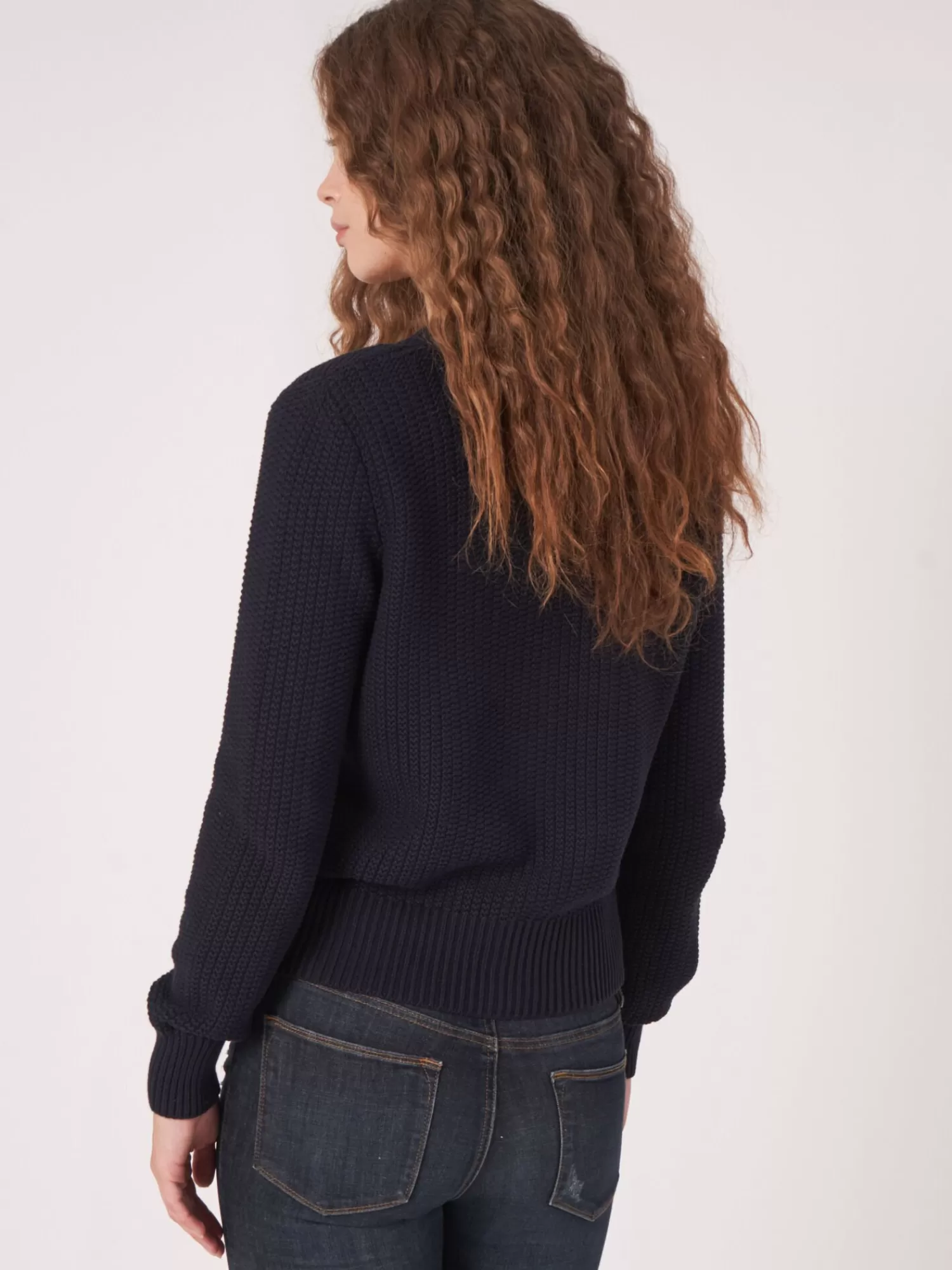 REPEAT cashmere Strickjacken>Strickjacke Aus Reiner Baumwolle In Rippstrick Navy